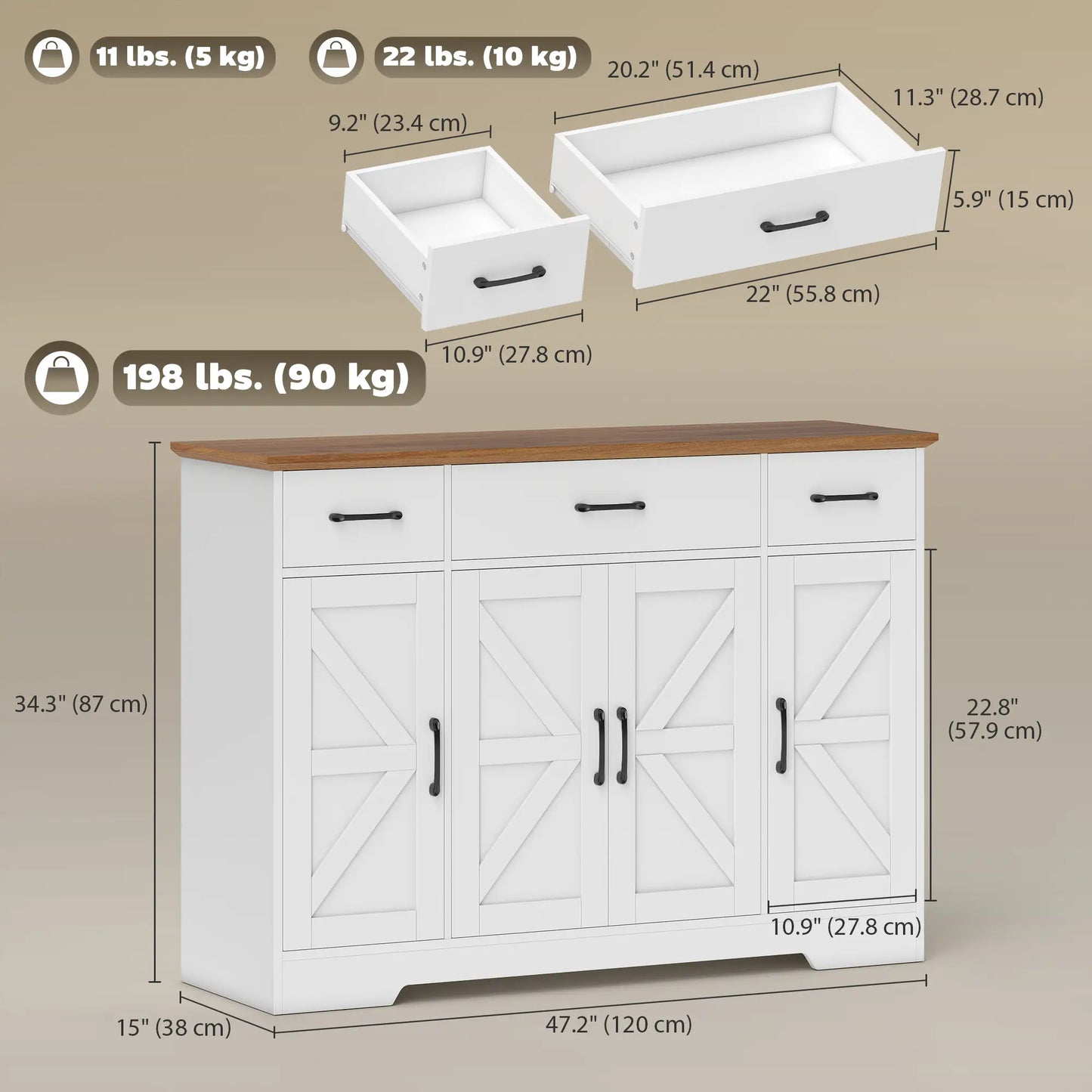 47" Buffet Cabinet, Farmhouse Sideboard, 3 Drawers, Adjustable Shelves, White Bar Cabinets at Gallery Canada