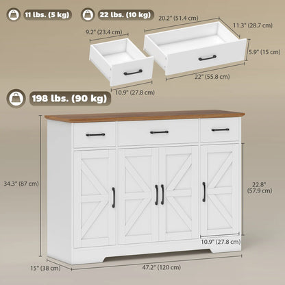 47" Buffet Cabinet, Farmhouse Sideboard, 3 Drawers, Adjustable Shelves, White Bar Cabinets at Gallery Canada