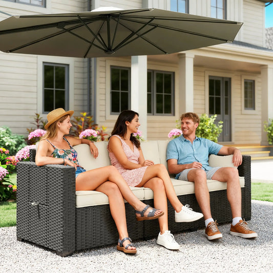3 Seater Wicker Patio Sofa, 6" Thick Cushions, Cream White Patio Furniture Sets Dark Grey, Cream White at Gallery Canada