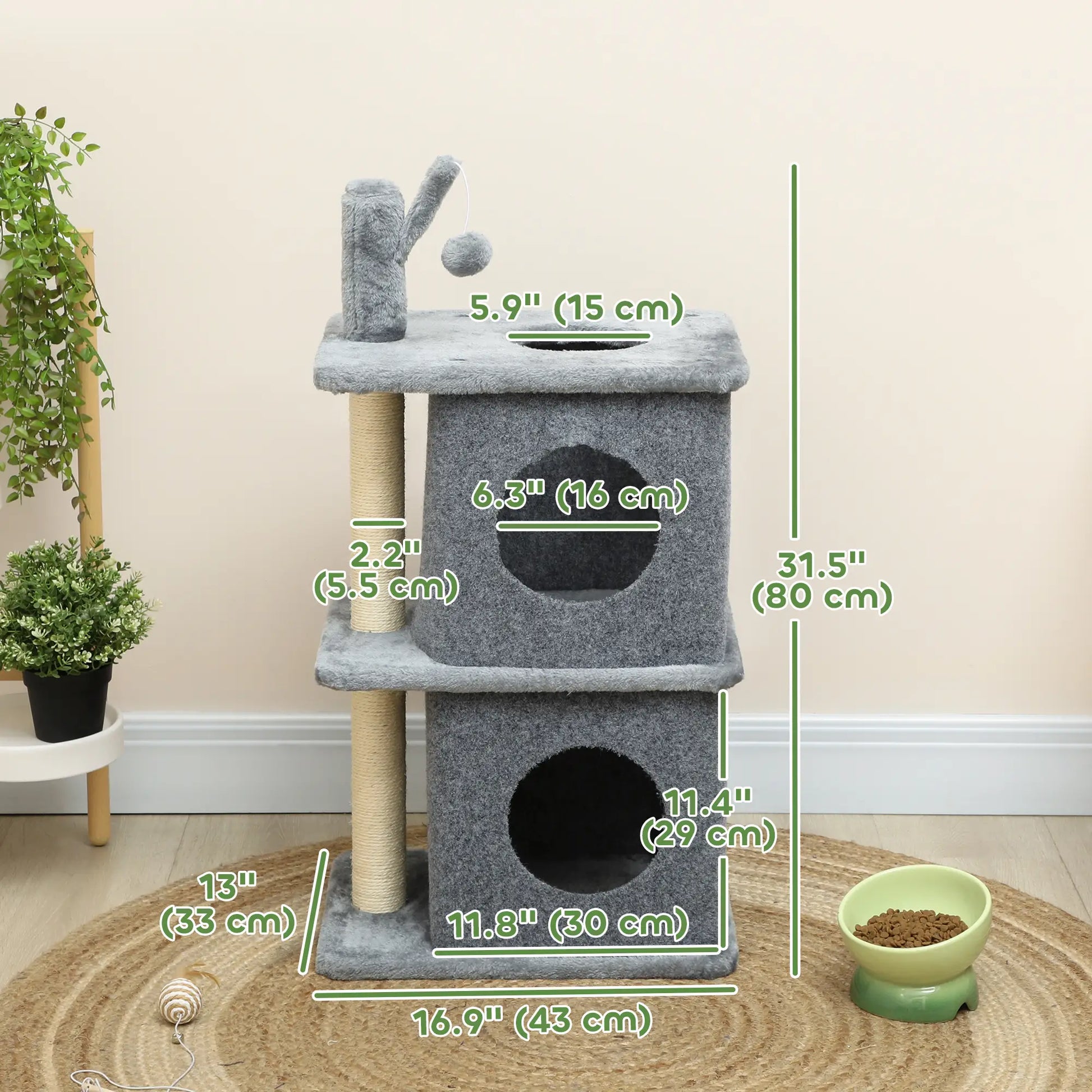31.5" Cat Tree, Multi-Level Tower with 2 Condos, Soft Plush Perches, Grey Cat Trees at Gallery Canada