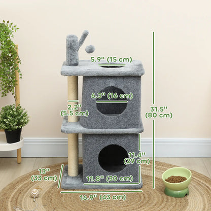 31.5" Cat Tree, Multi-Level Tower with 2 Condos, Soft Plush Perches, Grey Cat Trees at Gallery Canada