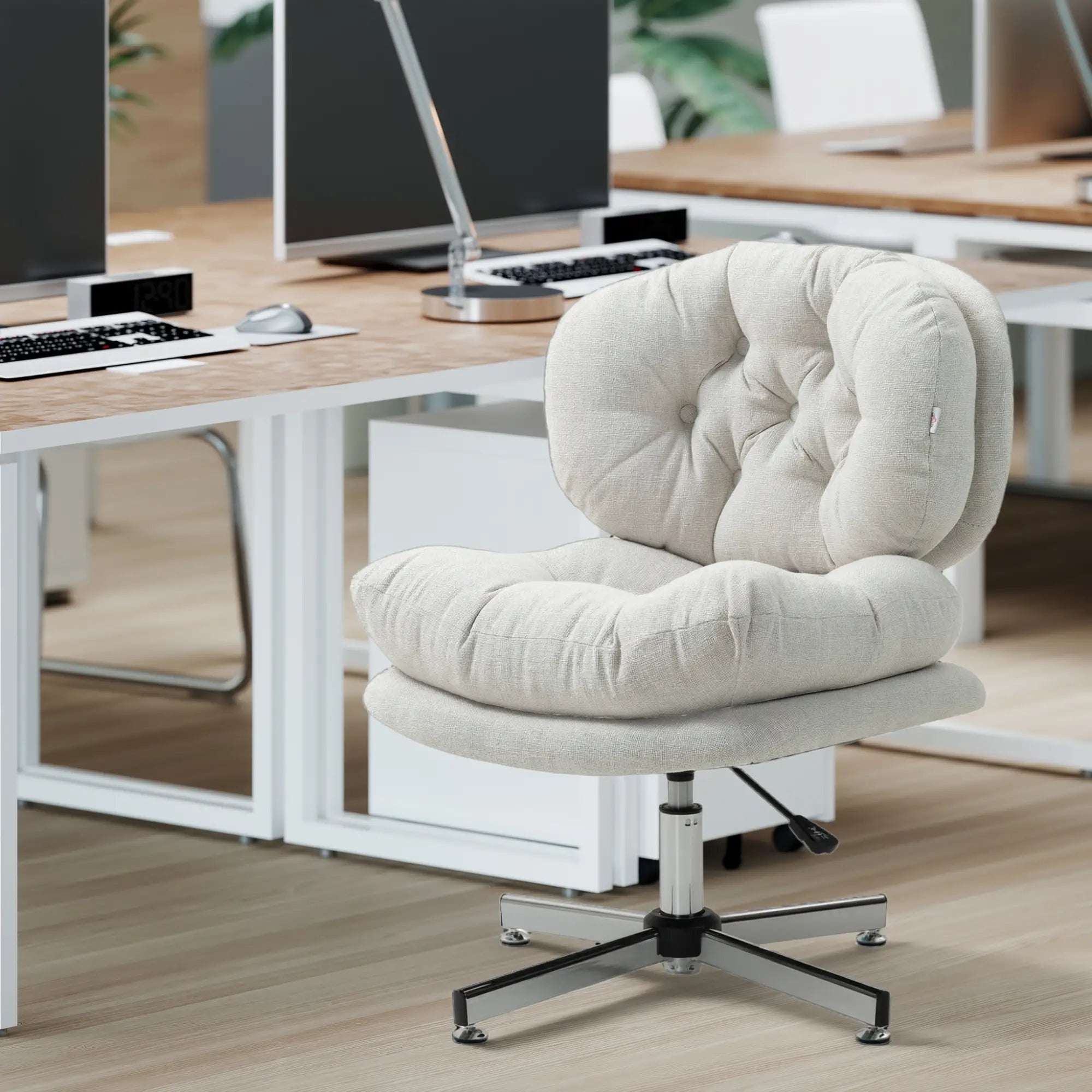 Computer Desk Chair, Armless Office Chair with Wide Padded Seat and Adjustable Height, Cream White Task Chairs at Gallery Canada