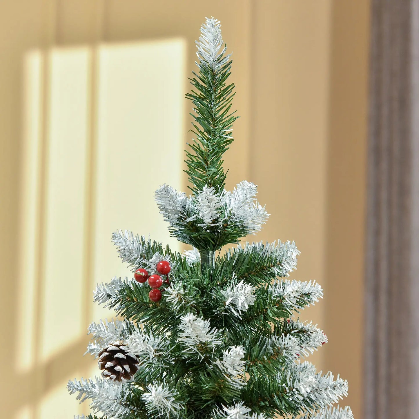 5ft Flocked Christmas Tree, Red Berries Pine Cones, Pencil Shape, Green Pencil Christmas Trees at Gallery Canada