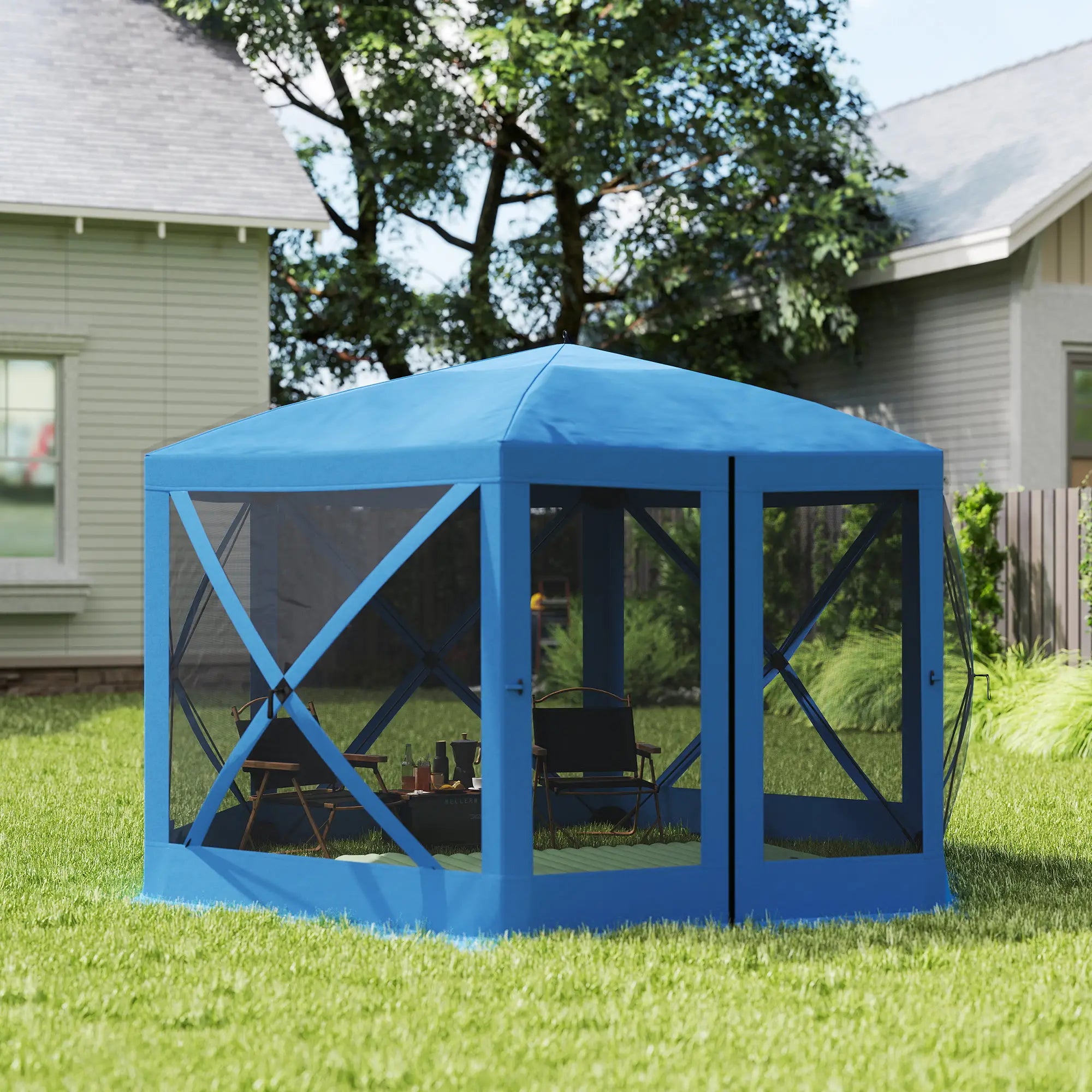 12' x 12' Hexagon Pop Up Screen Tent, Camping Shelter With Mesh Sidewalls, Carry Bag, Blue Pop Up Canopies at Gallery Canada