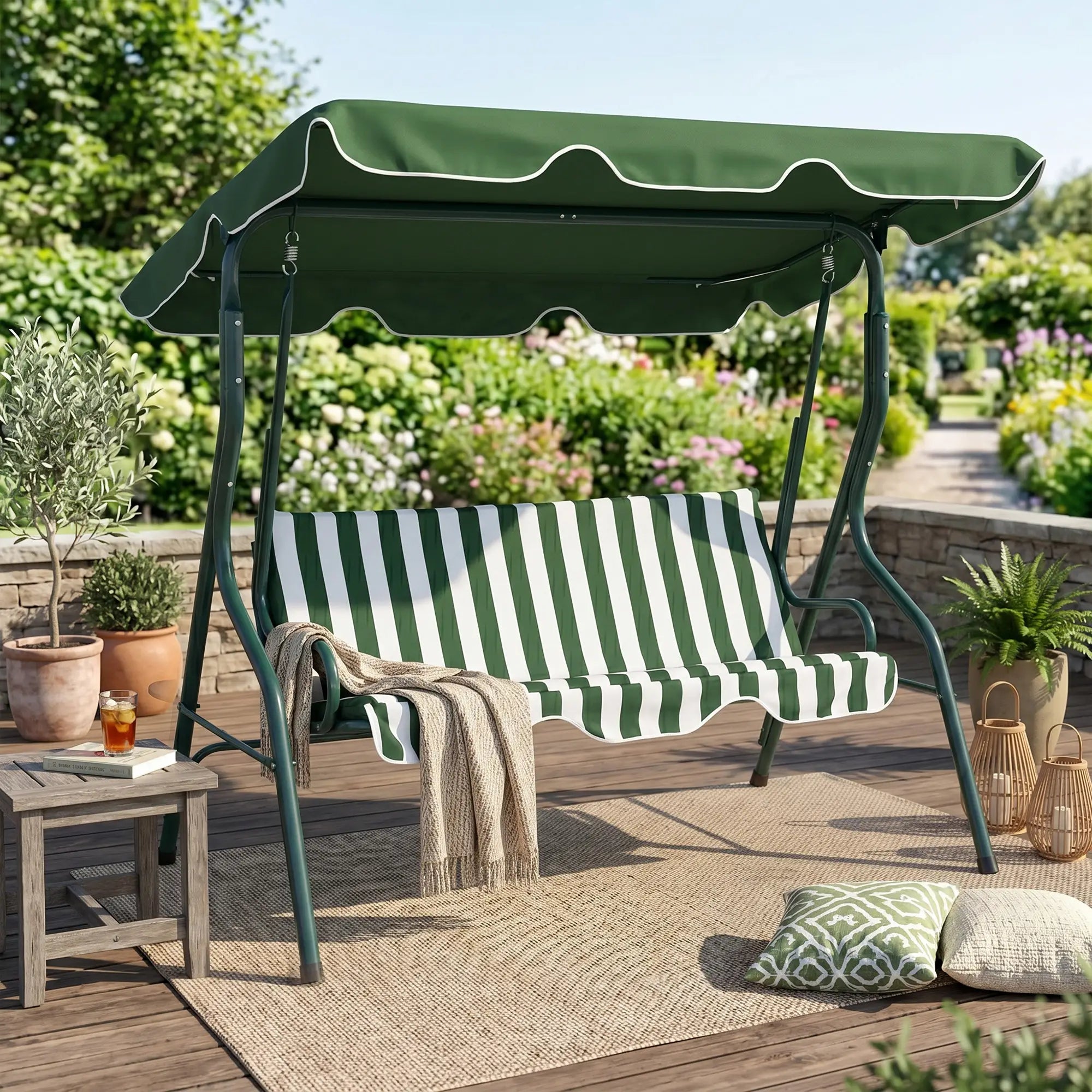 Outdoor Porch Swing, Adjustable Canopy, 3-Seater, Green Patio Swings with Stand at Gallery Canada