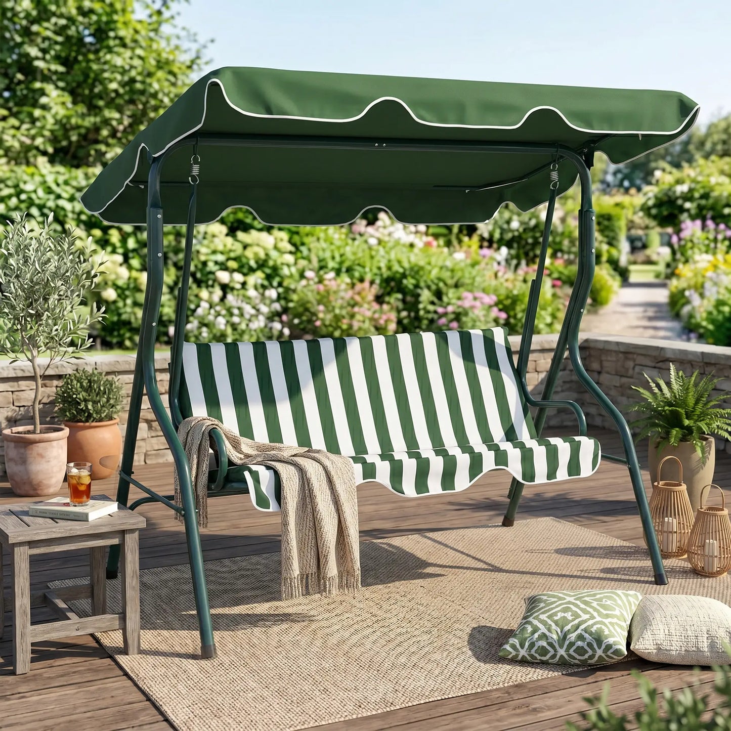 Outdoor Porch Swing, Adjustable Canopy, 3-Seater, Green Patio Swings with Stand at Gallery Canada