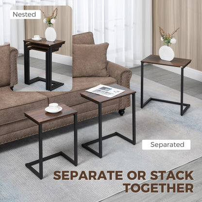 Nesting End Tables Set of 3, Industrial C-Shaped Side Table, Rustic Brown, Brown Side Tables at Gallery Canada