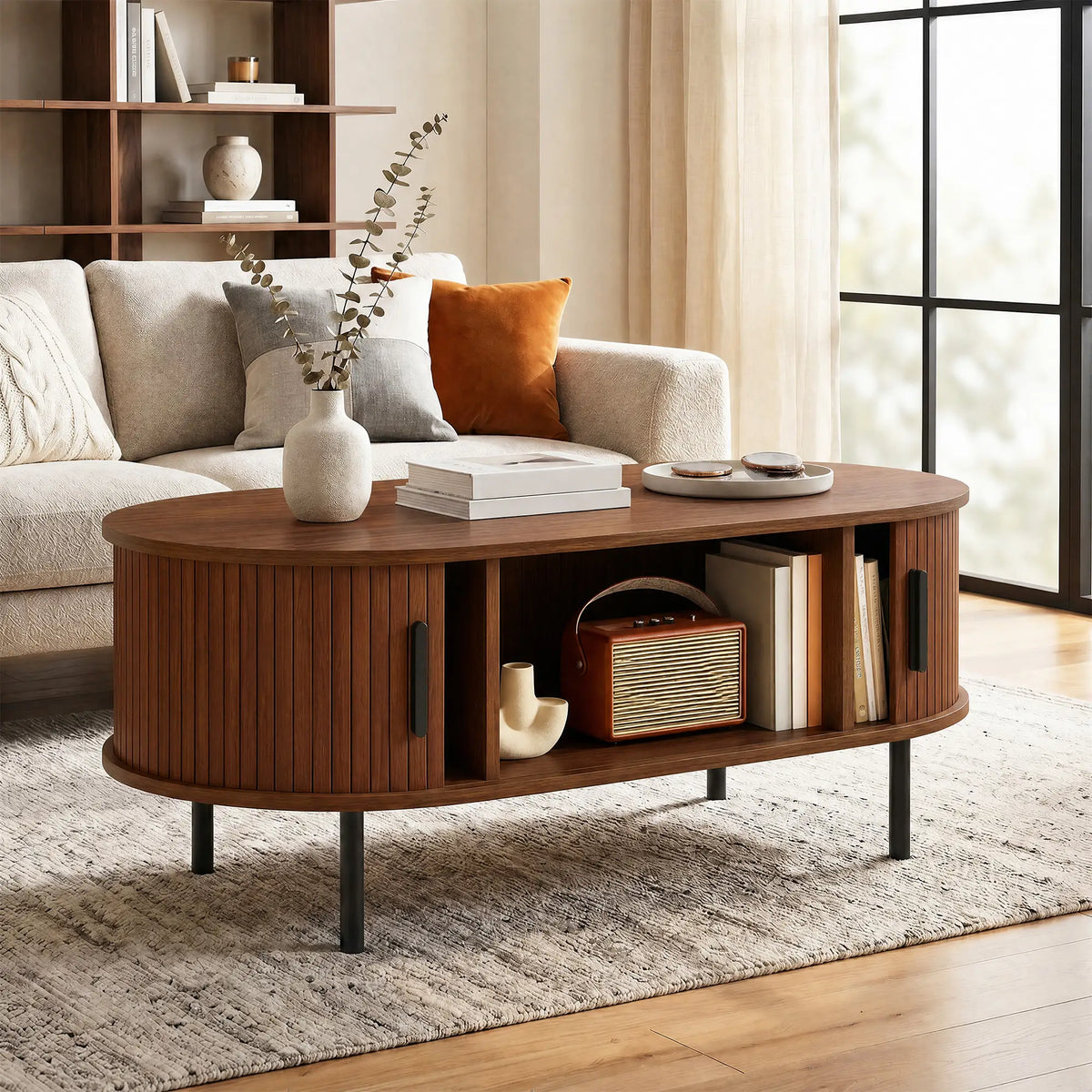 Coffee Table with Sliding Tambour Doors and Storage Center Table with Metal Legs, 39", Brown Coffee Tables at Gallery Canada