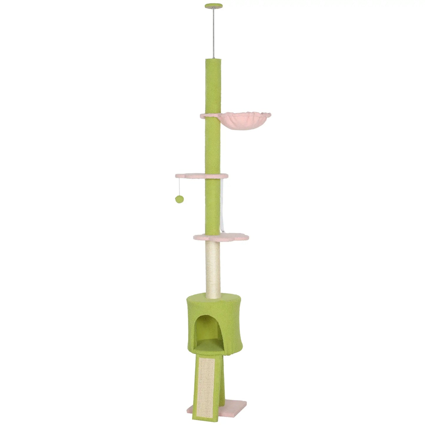 87"-94.5" Cat Tree, Sisal Scratching Post, Condo, Hammock, Ramp, Perches, Green Floor to Ceiling Cat Trees Green, Pink, Cream white at Gallery Canada