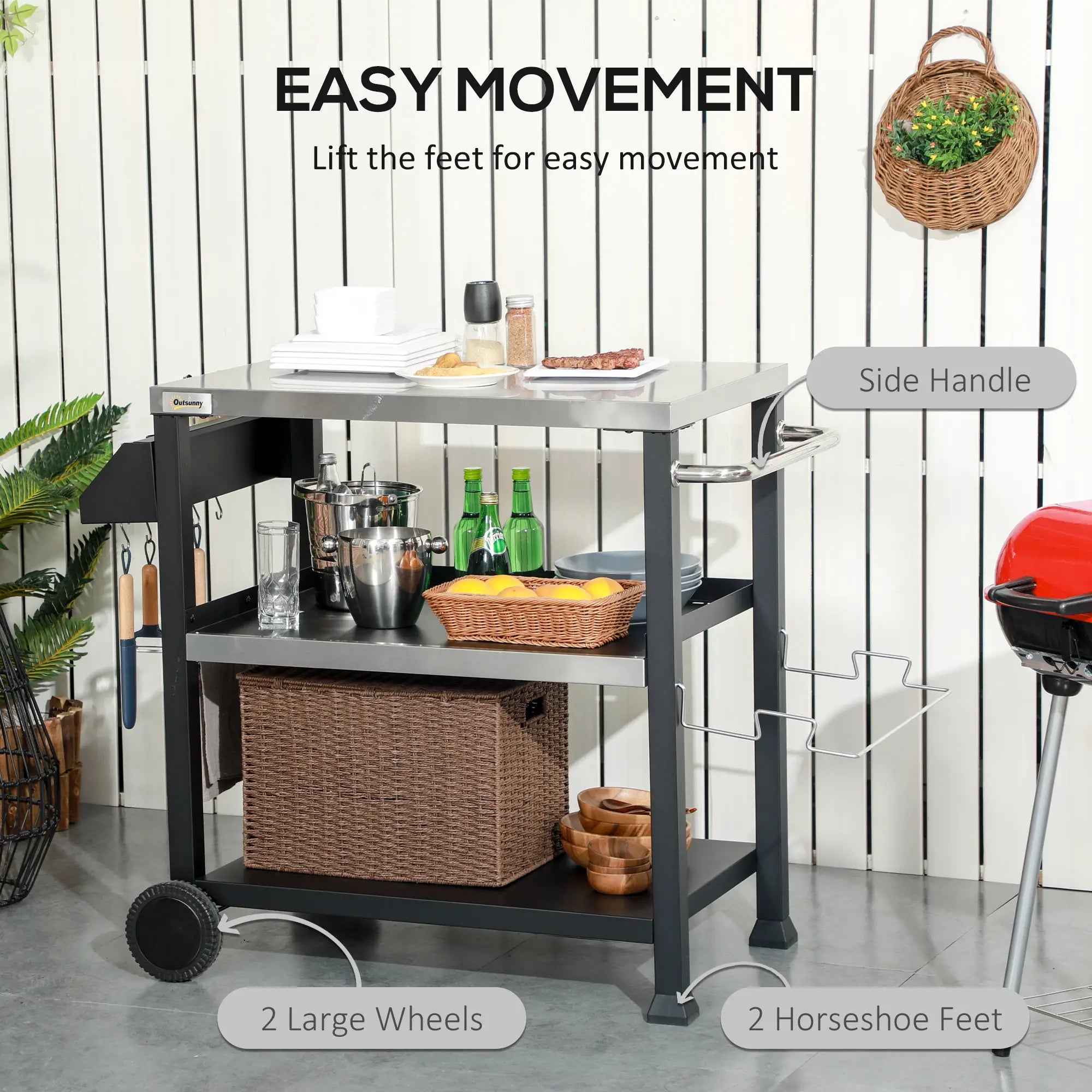 3-Shelf Outdoor Grill Cart, Stainless Steel Pizza Oven Stand On Wheels, Black Outdoor Grill Carts at Gallery Canada