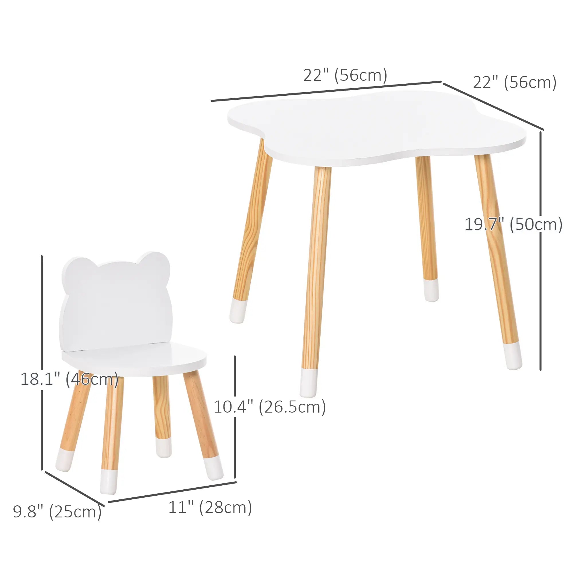 Kids Wooden Table, 2 Chairs Set, Bear Shape, Rounded Corners, White Kids Table Sets at Gallery Canada