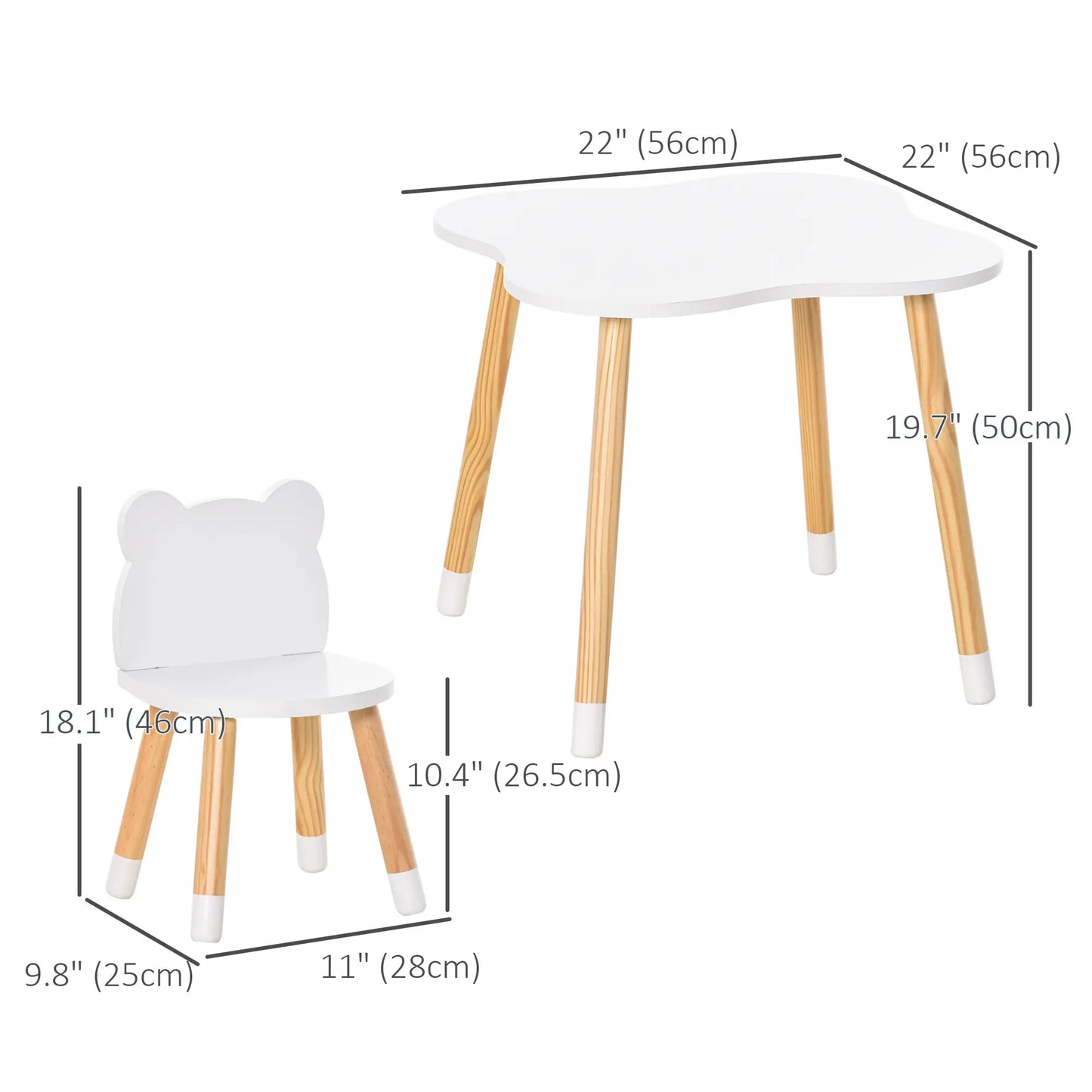 Kids Wooden Table, 2 Chairs Set, Bear Shape, Rounded Corners, White Kids Table Sets at Gallery Canada