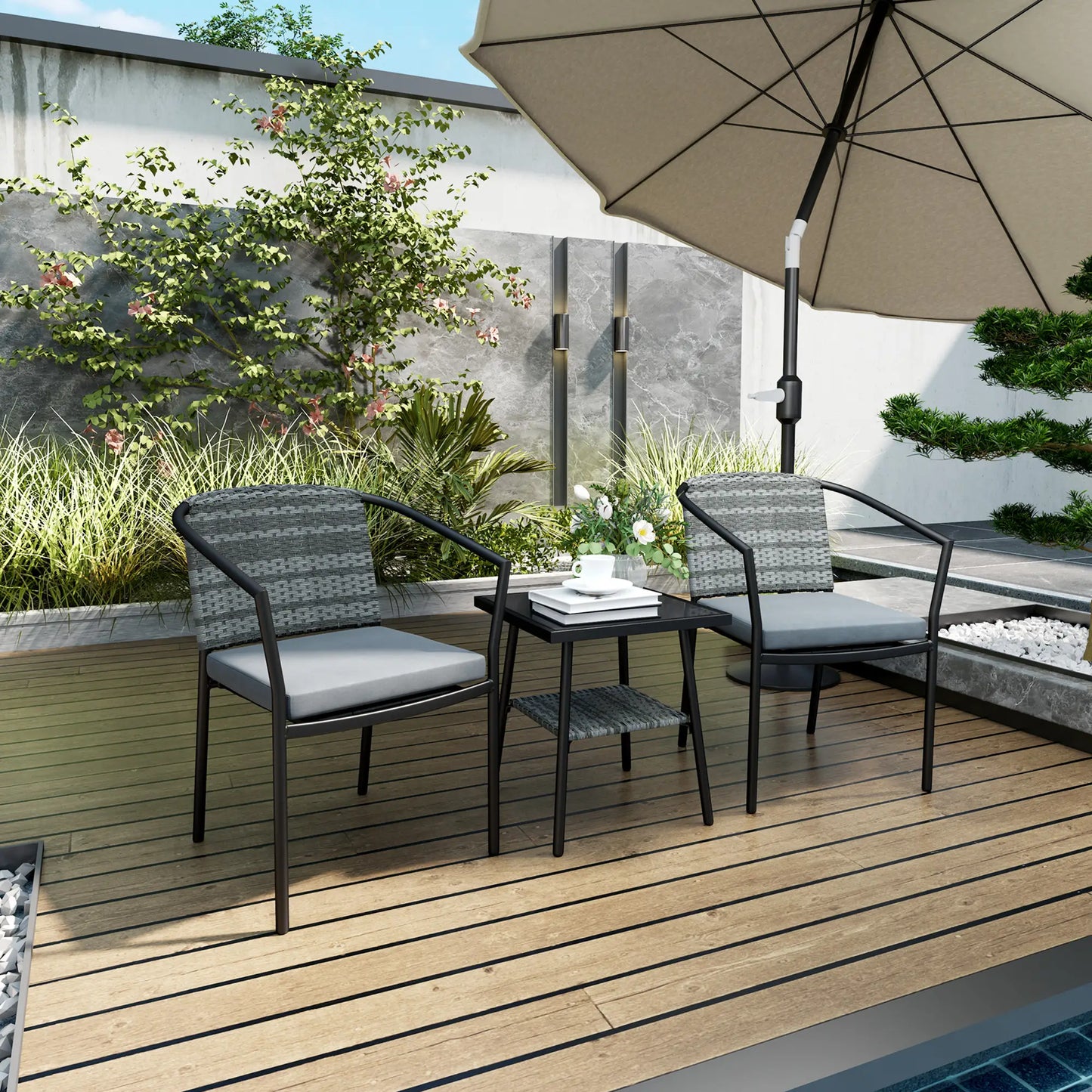 3 Piece Wicker Patio Set, 2-Tier Glass Table, Dark Grey Bistro Sets at Gallery Canada