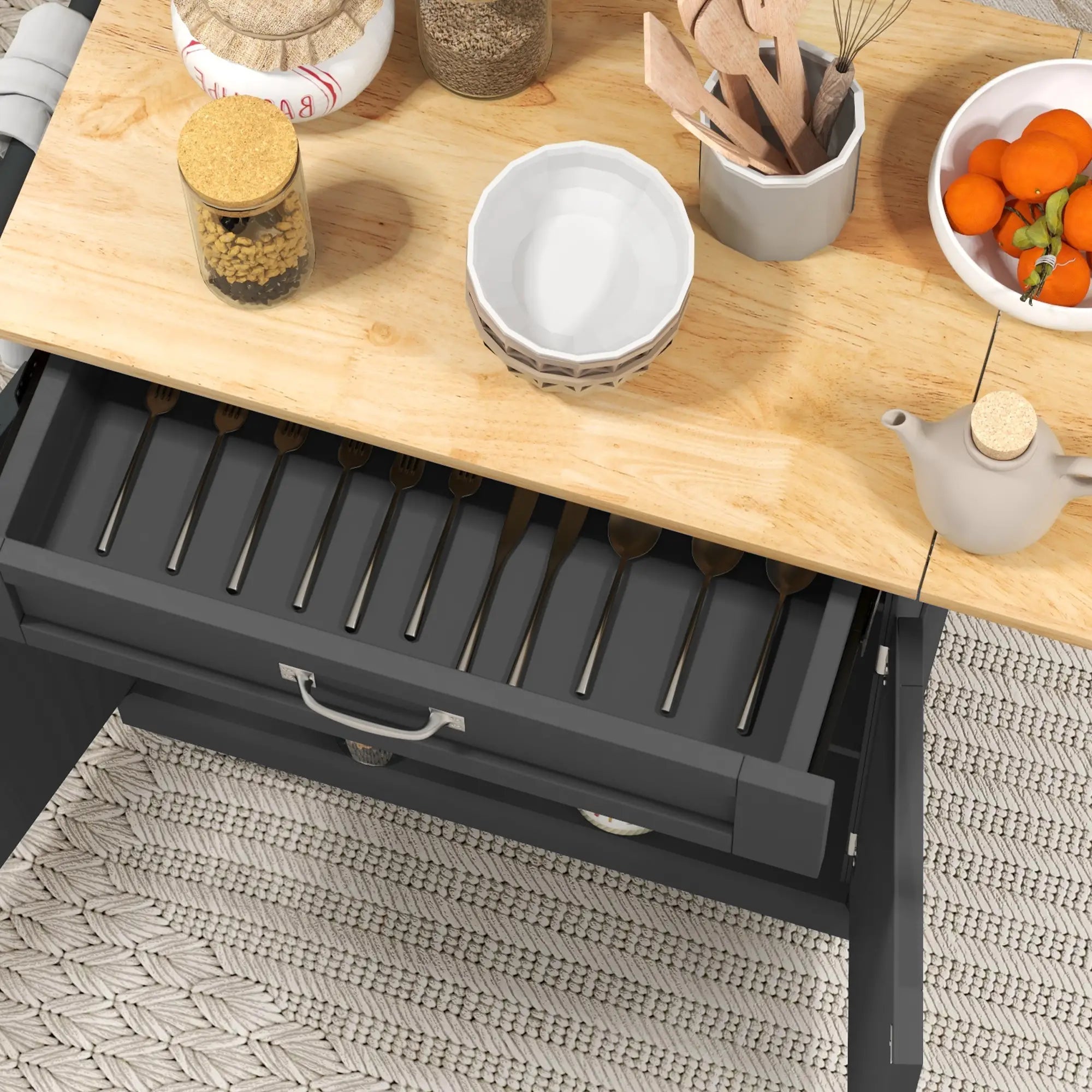 Foldable Kitchen Island with Storage Drawer, Farmhouse Rolling Utility Cart on Wheels with Drop-Leaf Wood Top, Black Kitchen Islands & Kitchen Carts at Gallery Canada