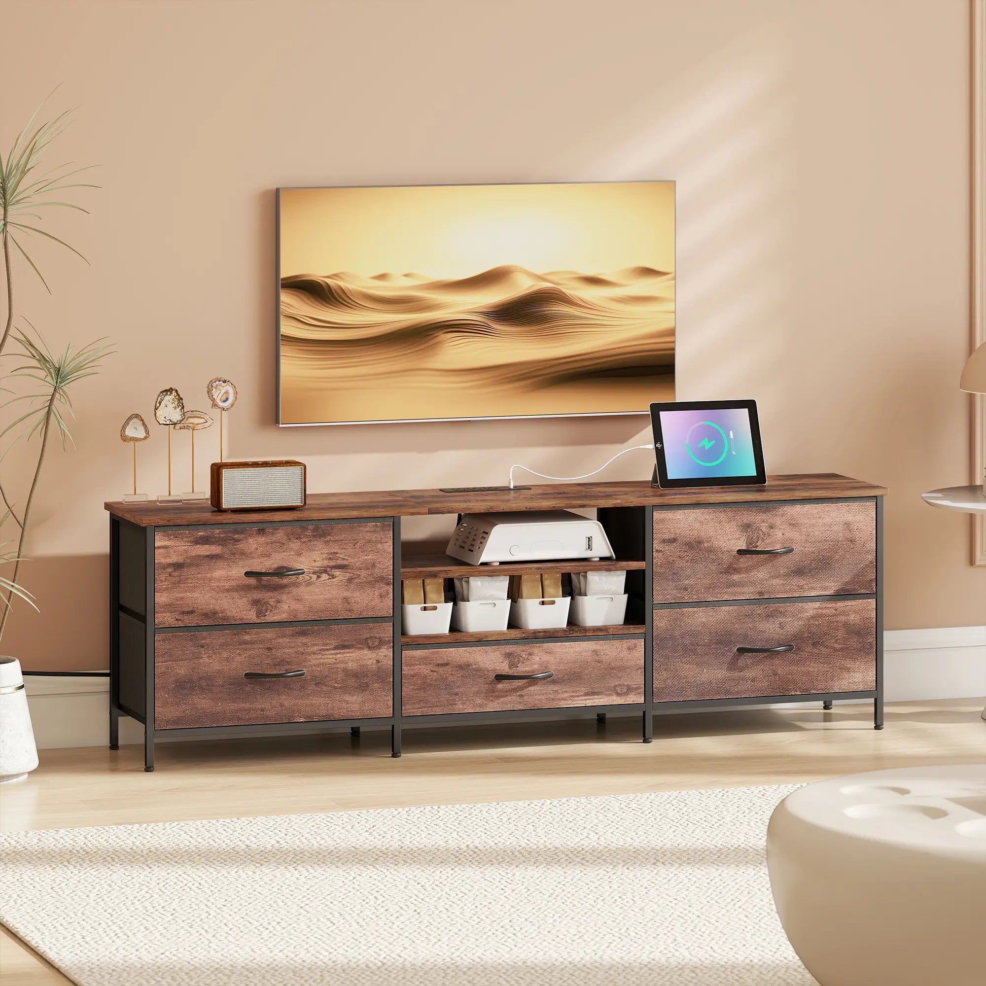 TV Stand For 70 Inch TVs, Industrial Console With Charging Station, 5 Drawers, Rustic Brown TV Stands at Gallery Canada