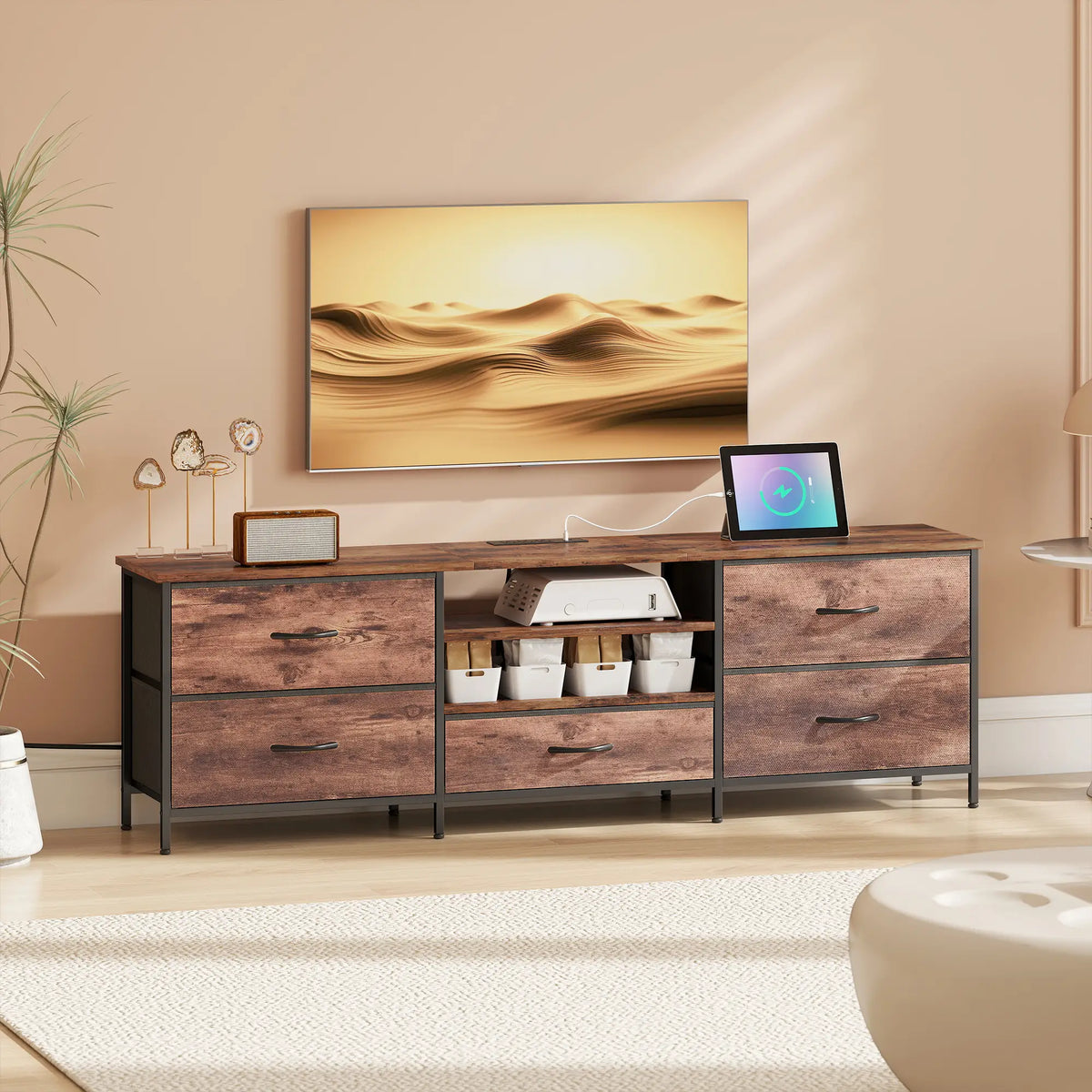 TV Stand For 70 Inch TVs, Industrial Console With Charging Station, 5 Drawers, Rustic Brown TV Stands at Gallery Canada