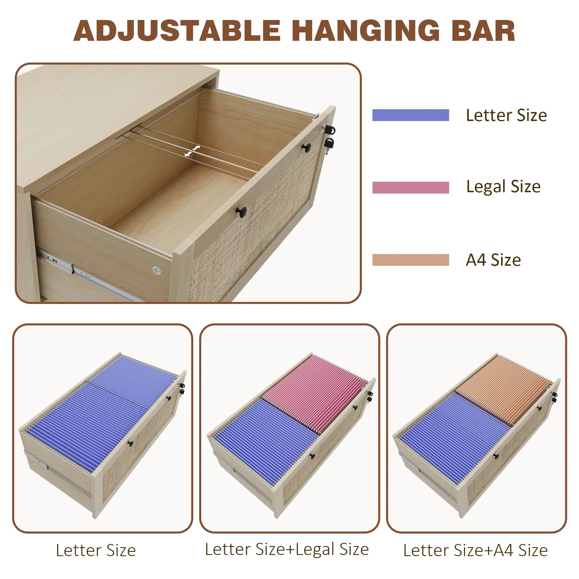 2-Drawer Filing Cabinet with Lock, Rattan, Adjustable Hanging Bar, Natural Office Cabinets & Cupboards at Gallery Canada