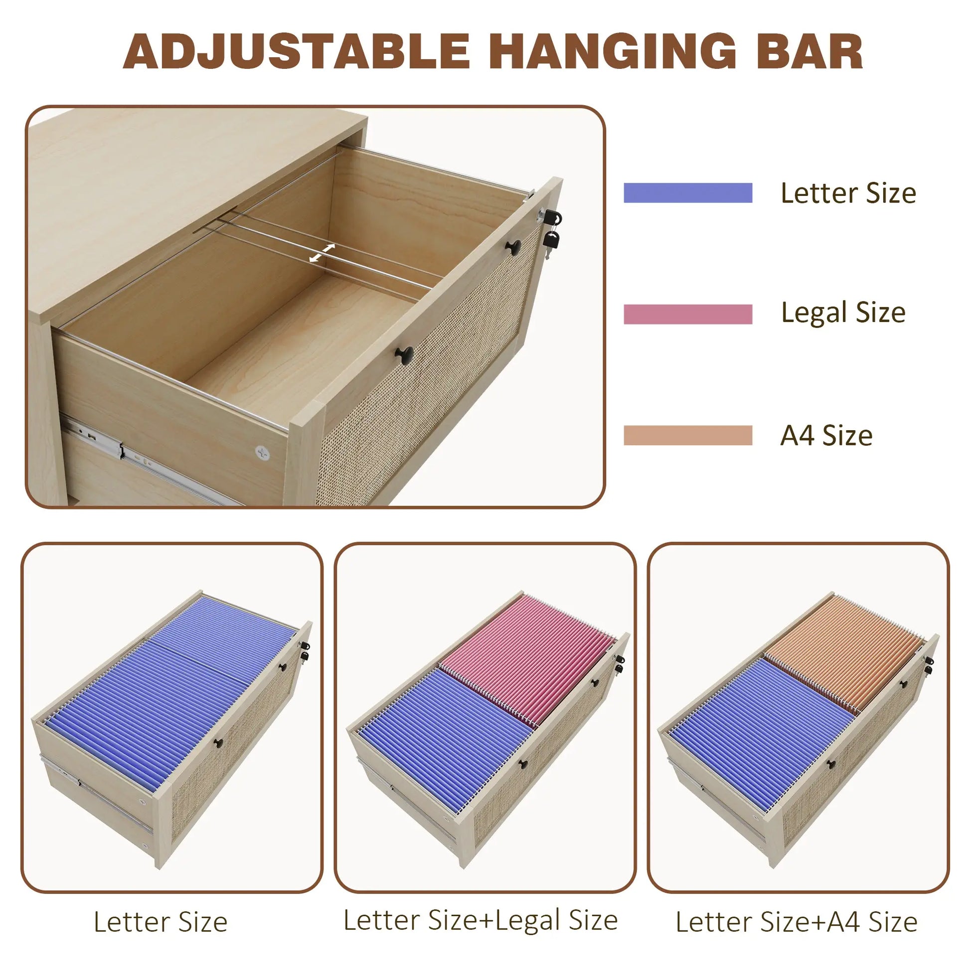 2-Drawer Filing Cabinet with Lock, Rattan, Adjustable Hanging Bar, Natural Office Cabinets & Cupboards at Gallery Canada