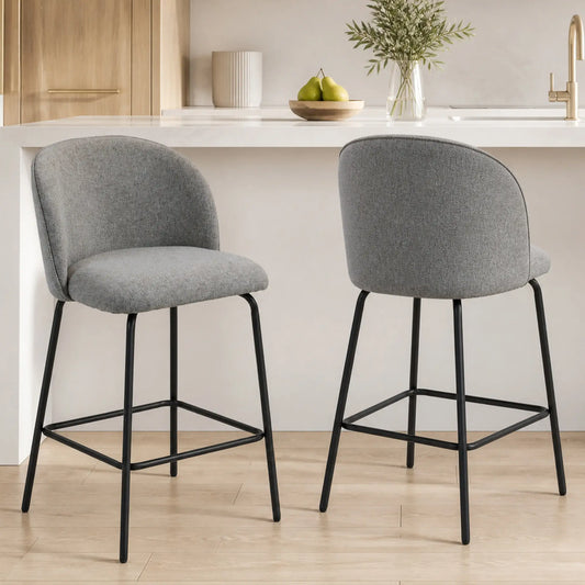 Set of 2 Counter Height Barstools, Upholstered Linen with Backrest, Dark Grey Bar Stools Dark Grey at Gallery Canada