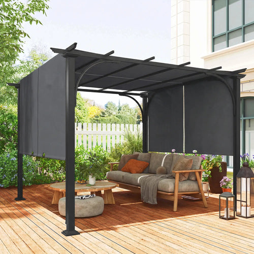 10' x 10' Retractable Pergola Canopy, UPF50+ Outdoor Metal Gazebo, Dark Grey