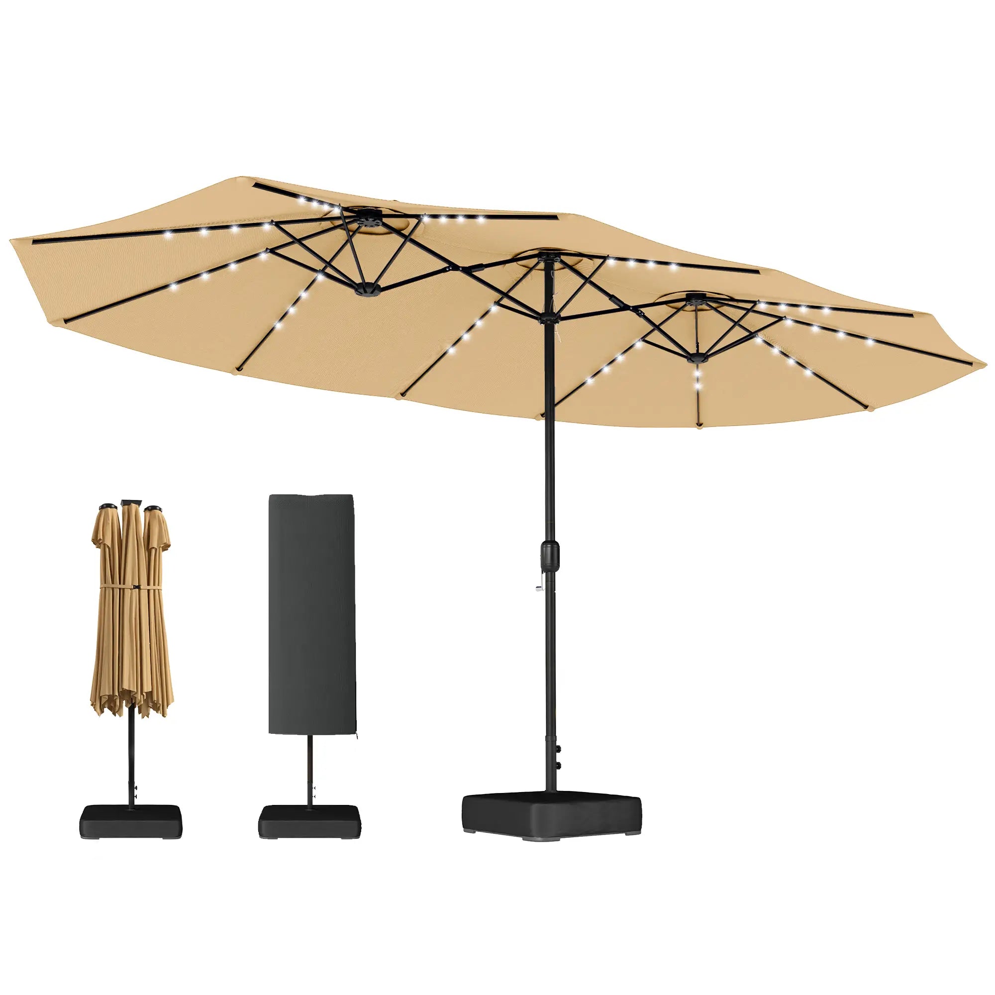 Double Sided Patio Umbrella, 15ft, LED Lights, Base Included, Khaki Double-sided Umbrellas at Gallery Canada