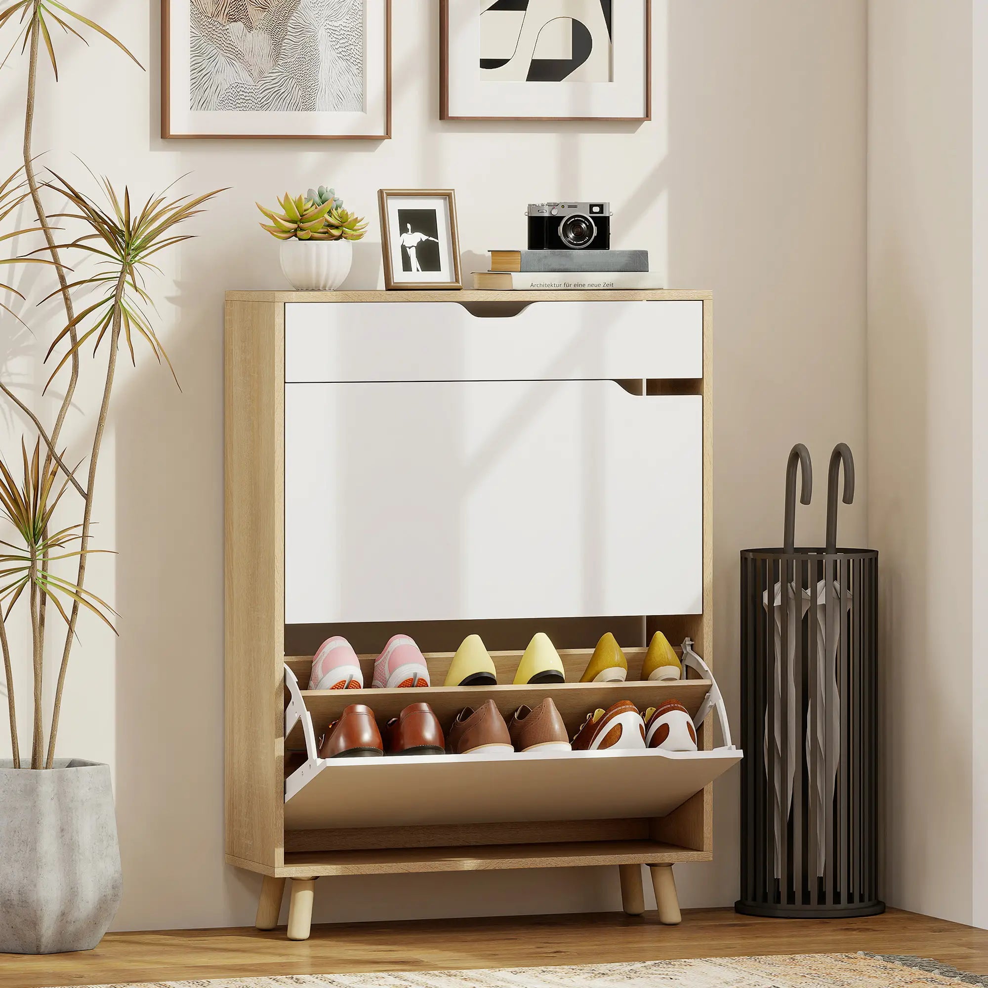 Narrow Shoe Cabinet, 2 Flip Drawers, Adjustable Shelves, White Shoe Storage Cabinets & Racks at Gallery Canada