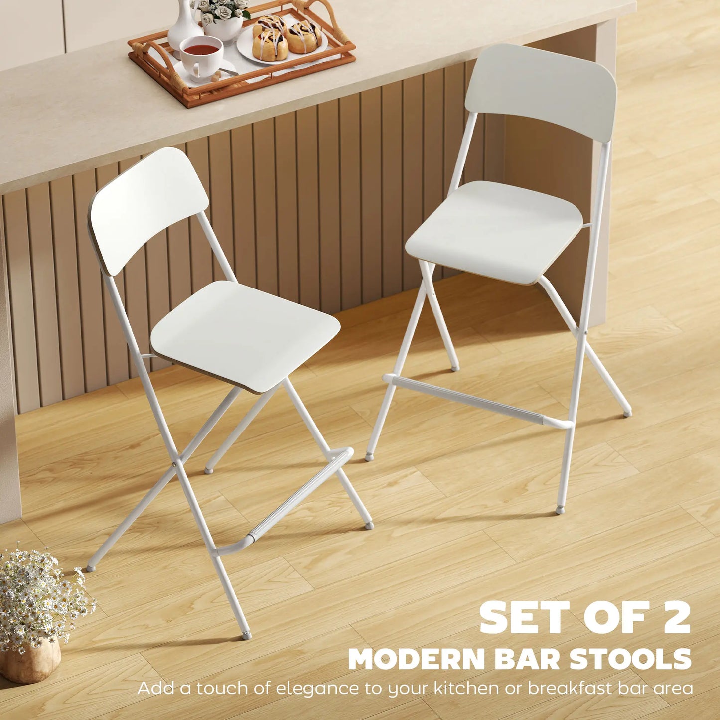 Folding Bar Stools Set of 2, Counter Height, Wooden Effect Seat, Steel Frame, White Bar Stools at Gallery Canada