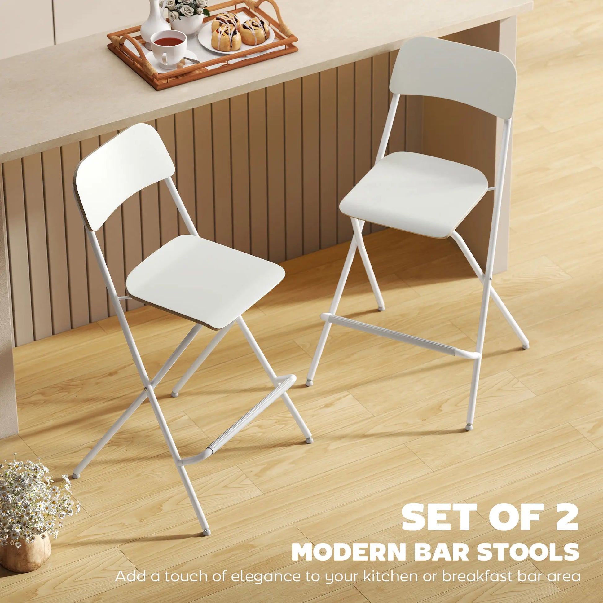 Folding Bar Stools Set of 2, Counter Height, Wooden Effect Seat, Steel Frame, White Bar Stools at Gallery Canada