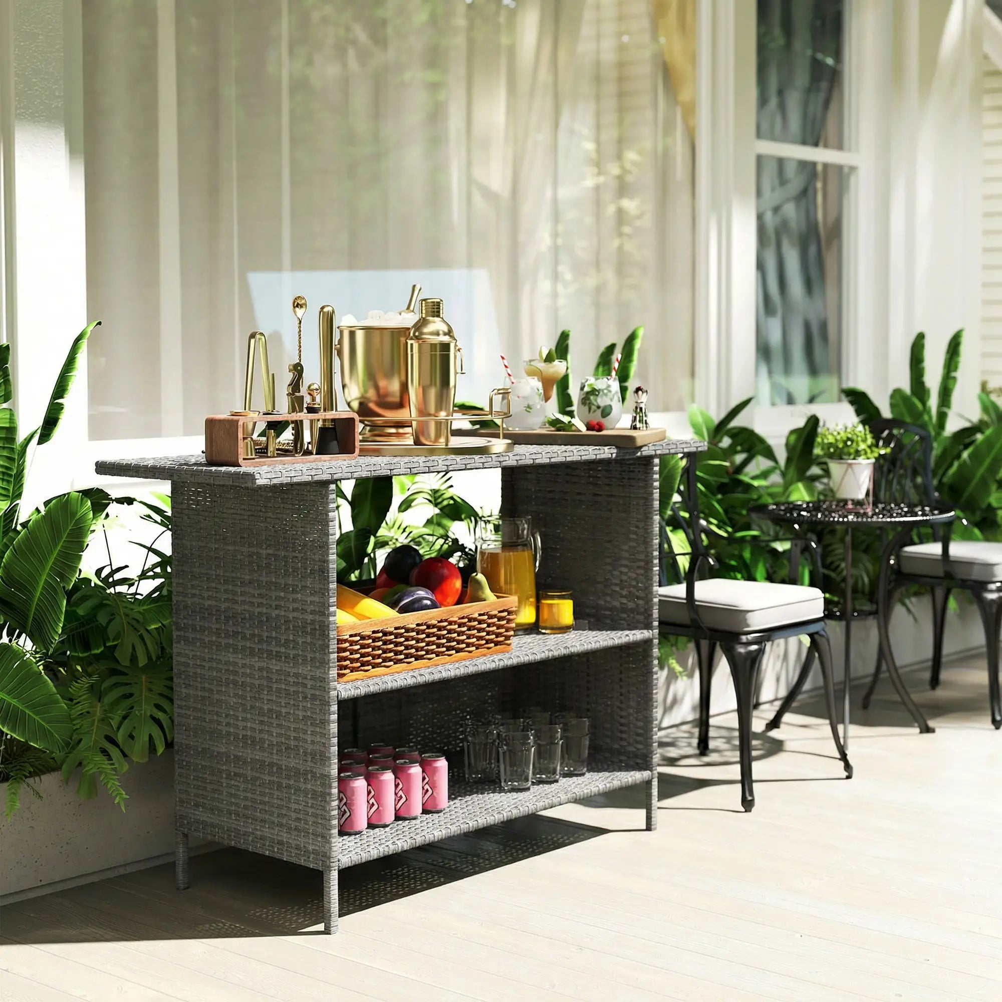 Wicker Outdoor Bar Table, PE Rattan, 2 Shelves, Steel Frame, Dark Grey, Dark Grey Patio Side Tables at Gallery Canada