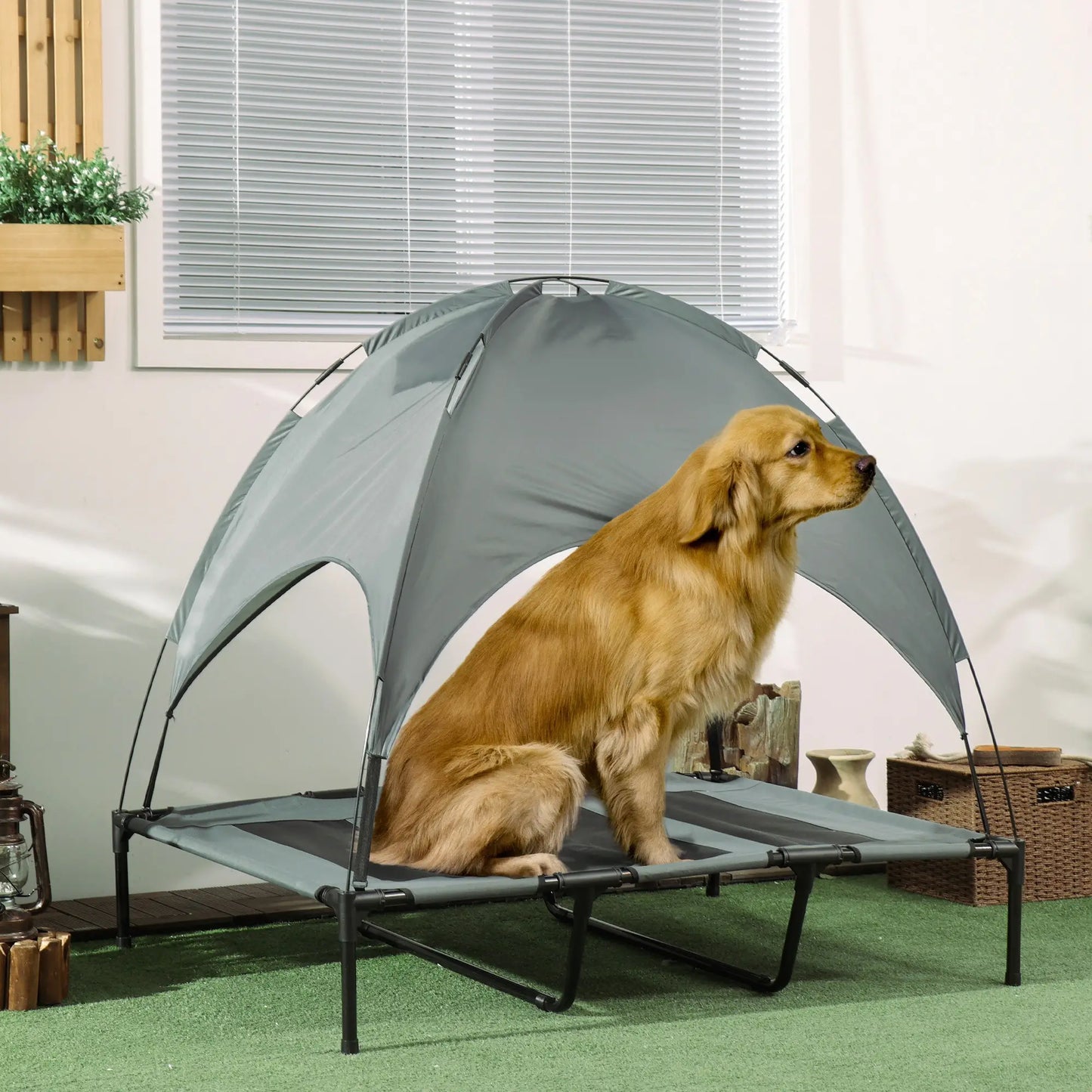Elevated Dog Bed with Canopy, Portable XL Dog Cot, 48" x 36" x 43", Grey Elevated Dog Beds at Gallery Canada