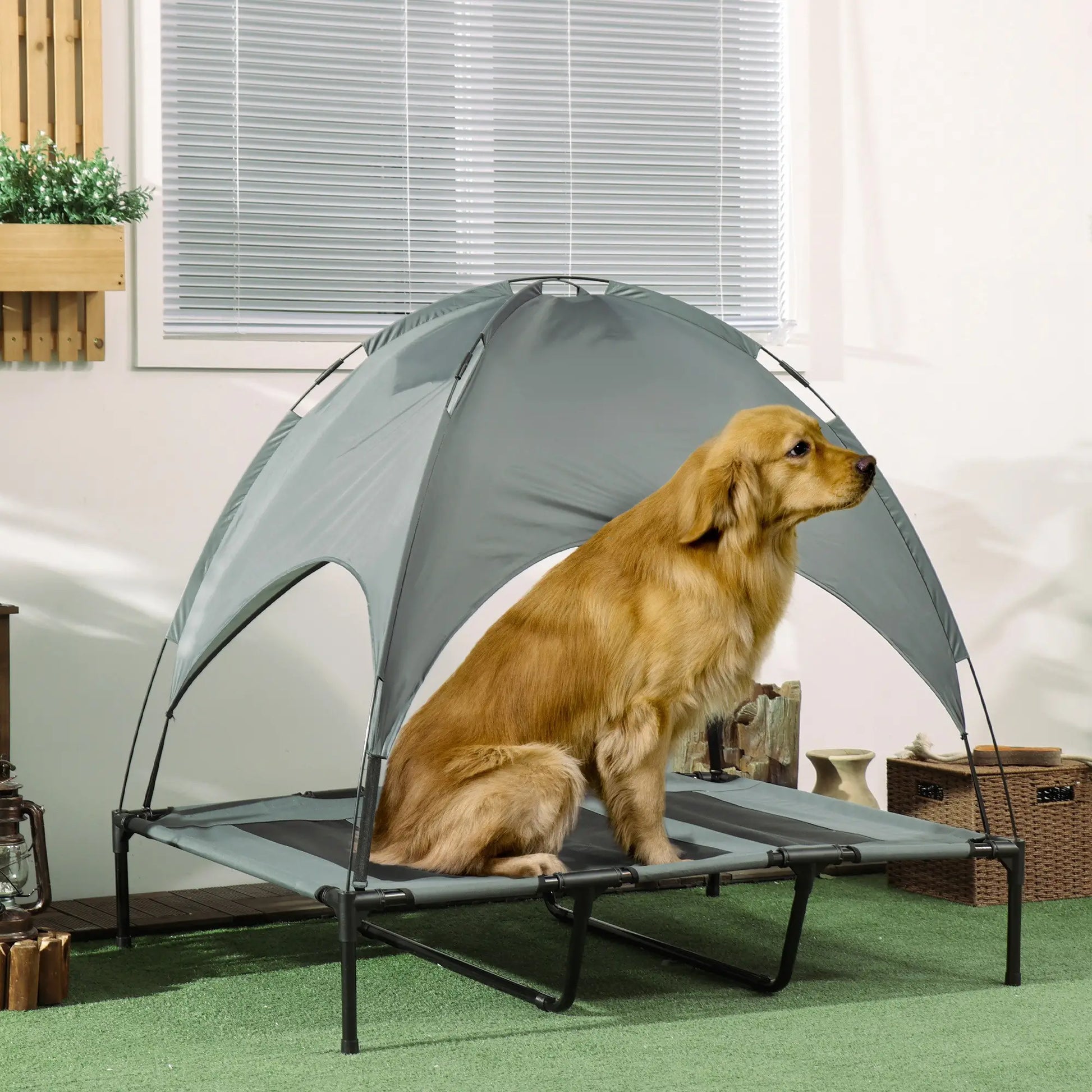 Elevated Dog Bed with Canopy, Portable XL Dog Cot, 48" x 36" x 43", Grey Elevated Dog Beds at Gallery Canada