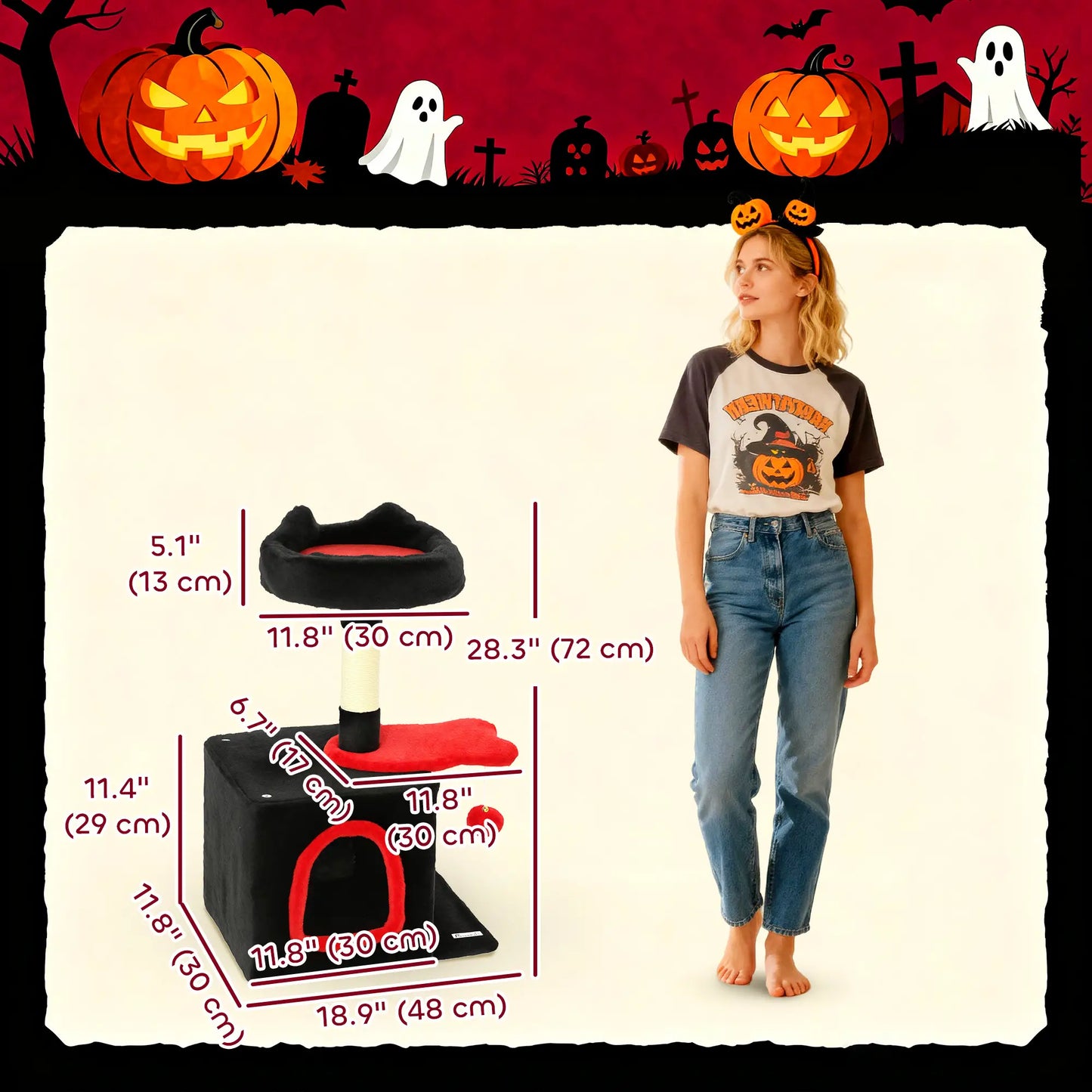 28" Gothic Cat Tree Tower, Plush Bed, Condo, Scratching Post, Red & Black Cat Posts at Gallery Canada