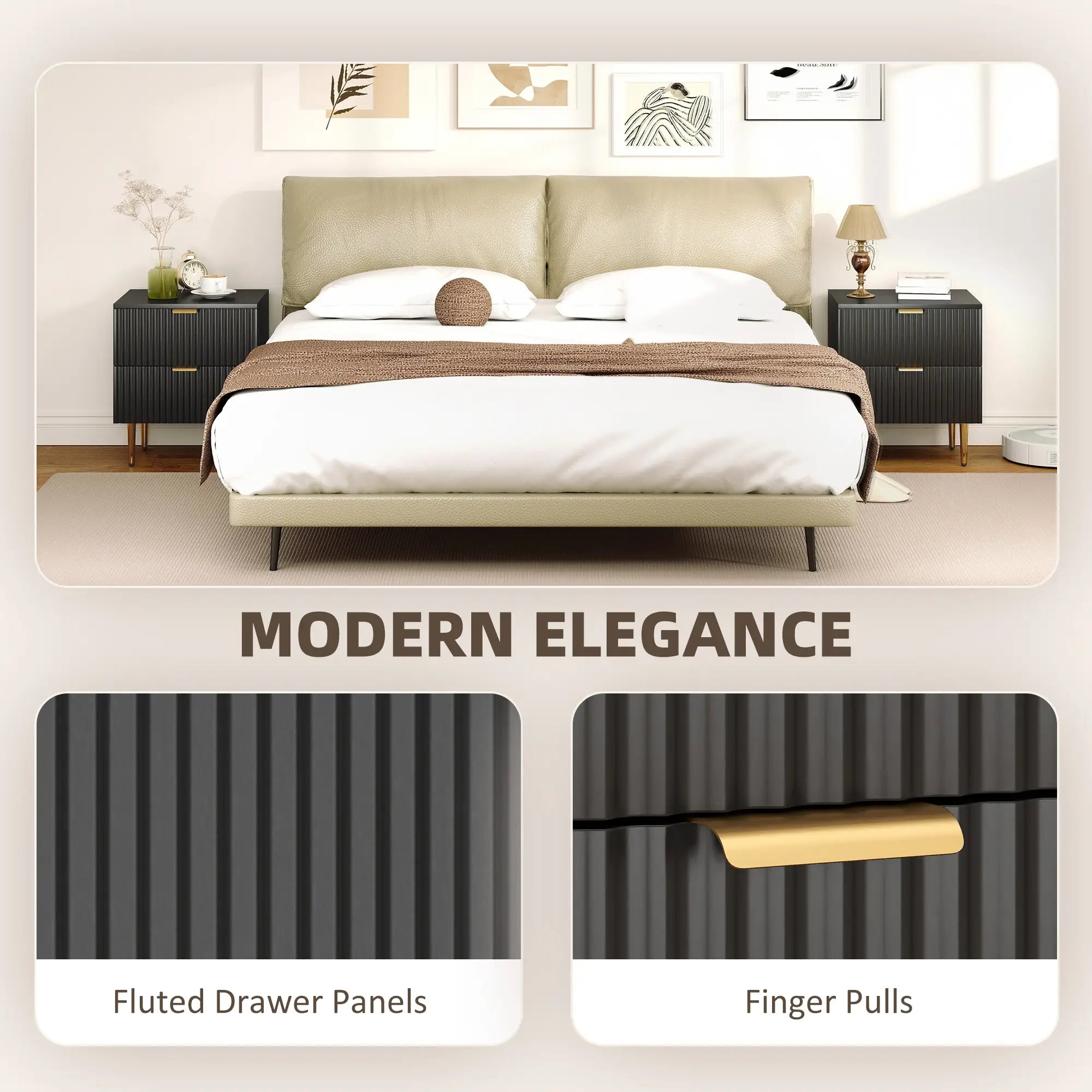 Modern Nightstand Set of 2, 2 Drawers, Metal Legs, Black Bedside Tables at Gallery Canada