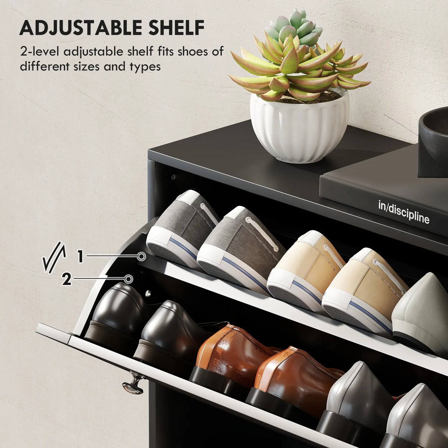 Narrow Shoe Storage Cabinet, 3 Flip Drawers, Adjustable Shelves, 24 Pairs, Black Shoe Storage Cabinets & Racks at Gallery Canada