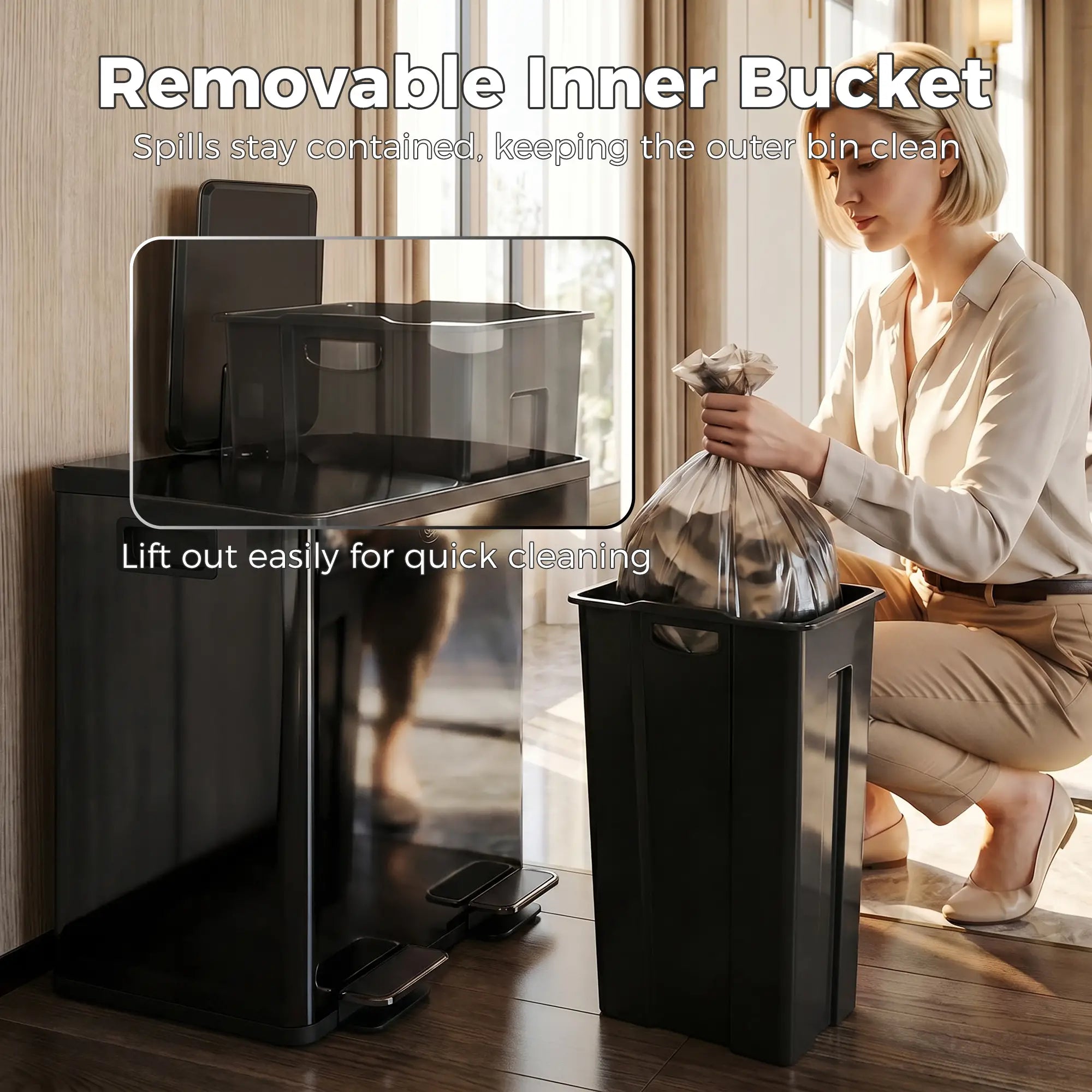 Dual Garbage Bin, Soft-Close Trash Can with Foot Pedal, 2 x 20 Liter Garbage Can with Removable Inner Buckets, Black Household Supplies at Gallery Canada