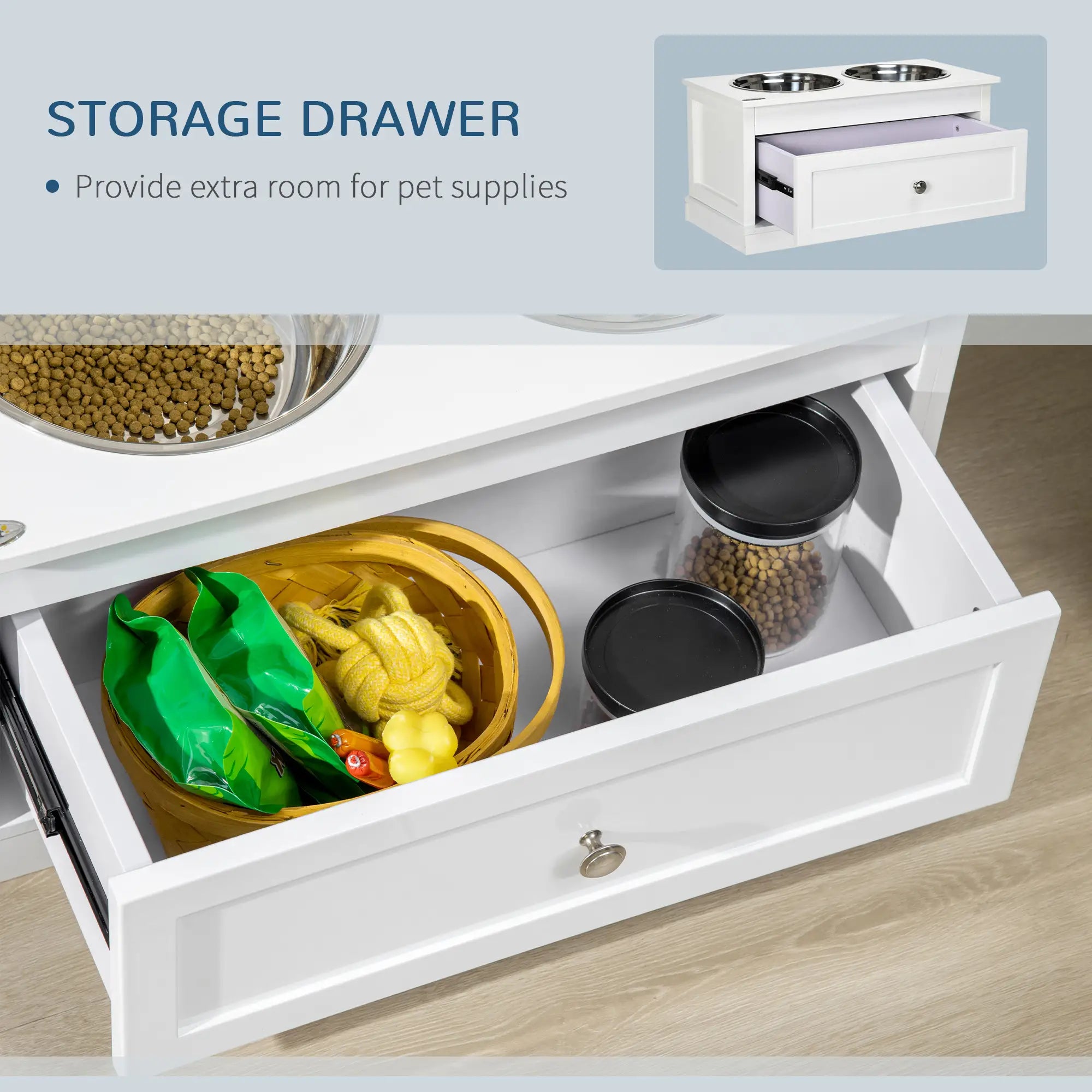 Elevated Dog Bowls, Storage Drawer, Large, White Dog Bowls at Gallery Canada