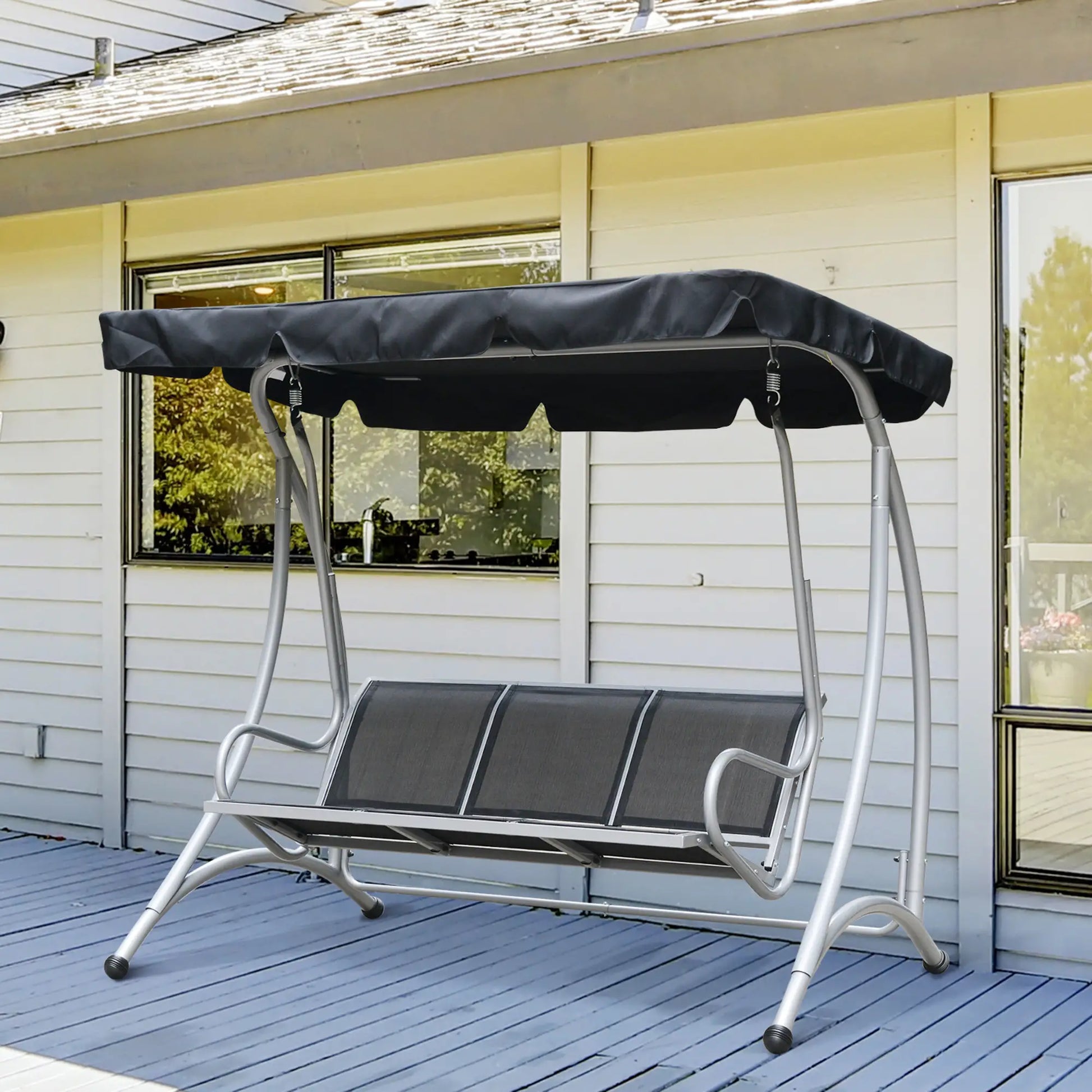 3-Seater Outdoor Swing Bench, Adjustable Canopy, Black Porch Swings with Canopy at Gallery Canada