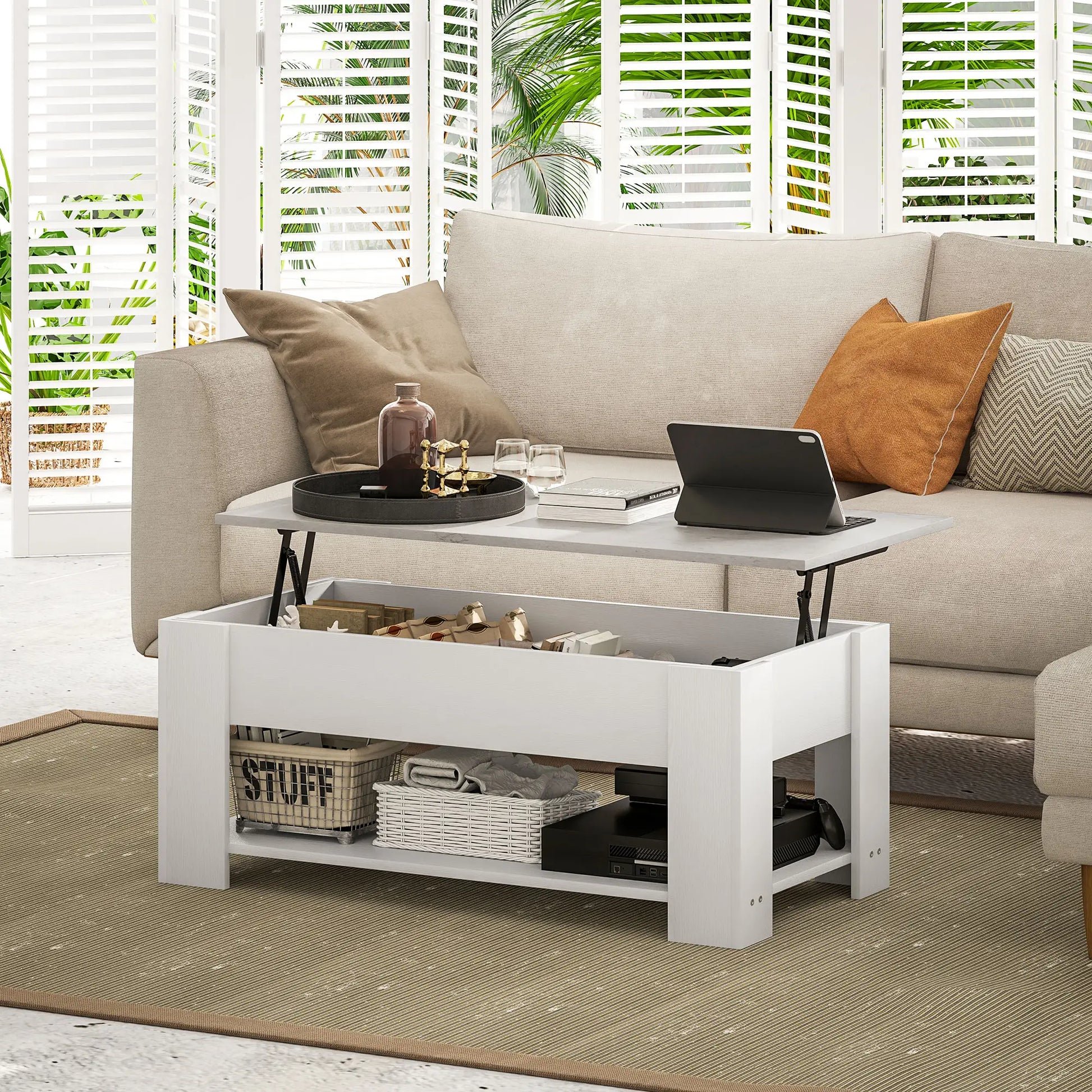 Lift Top Coffee Table, Hidden Storage, Open Shelf, White Coffee Tables at Gallery Canada