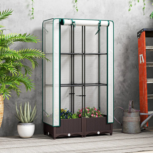 Raised Garden Bed Kit with Trellis, PE Cover, Zipper Door, 31.5 x 15.7 x 48.8 Inch, Brown