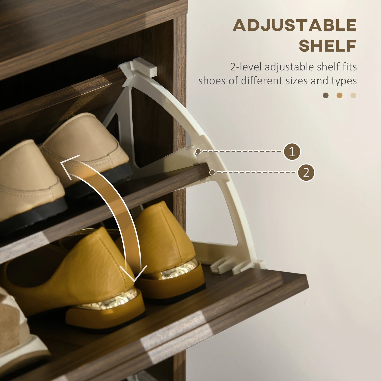 Shoe Storage Cabinet, 12 Pairs, 2 Flip Drawers, Adjustable Shelves, Walnut Shoe Storage Cabinets & Racks at Gallery Canada