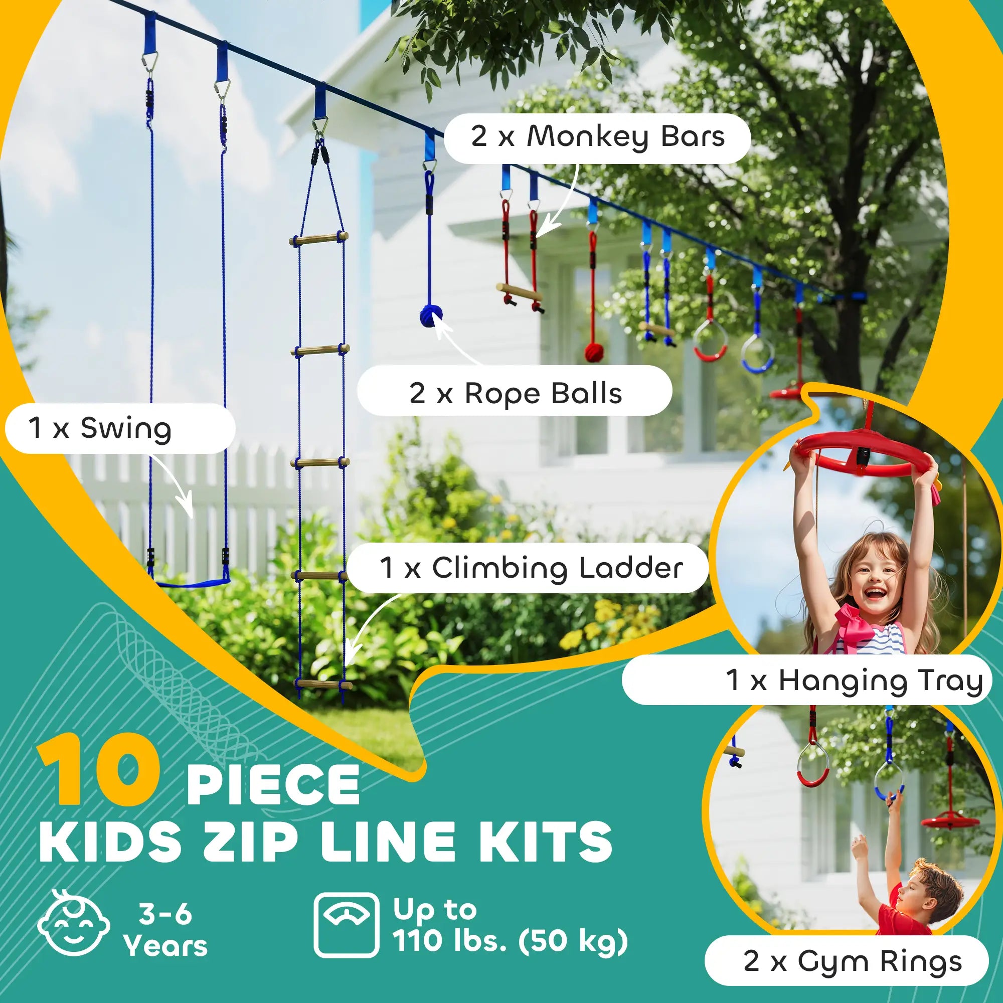 32.8' Kids Ninja Warrior Course, Swing, Monkey Bars, Ladder, Gym Rings, Blue Gym Sets & Swings at Gallery Canada