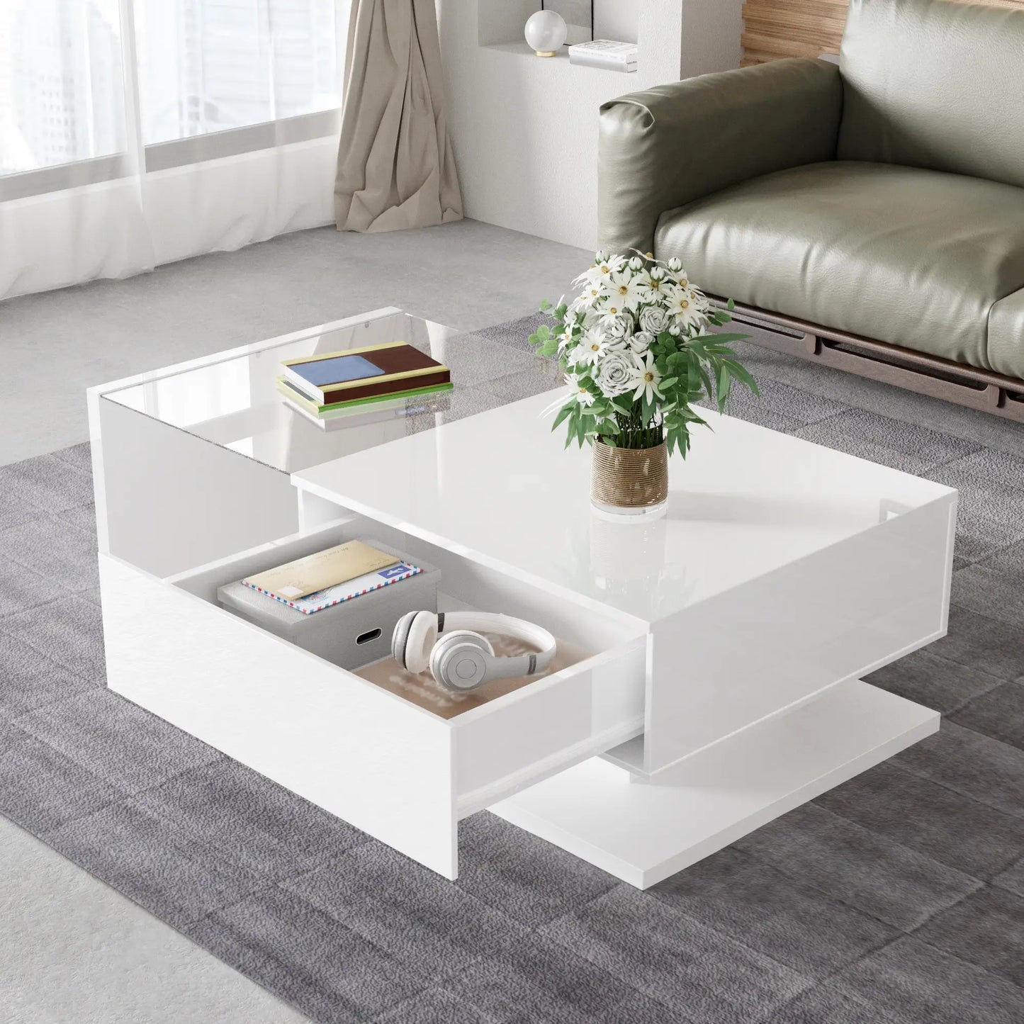 Modern Coffee Table, Glass LED Effect, Storage, 41.5" L x 21.5" W x 12.5" H, White Coffee Tables at Gallery Canada
