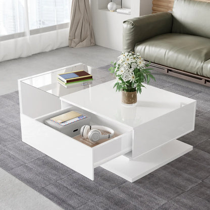 Modern Coffee Table, Glass LED Effect, Storage, 41.5" L x 21.5" W x 12.5" H, White Coffee Tables at Gallery Canada