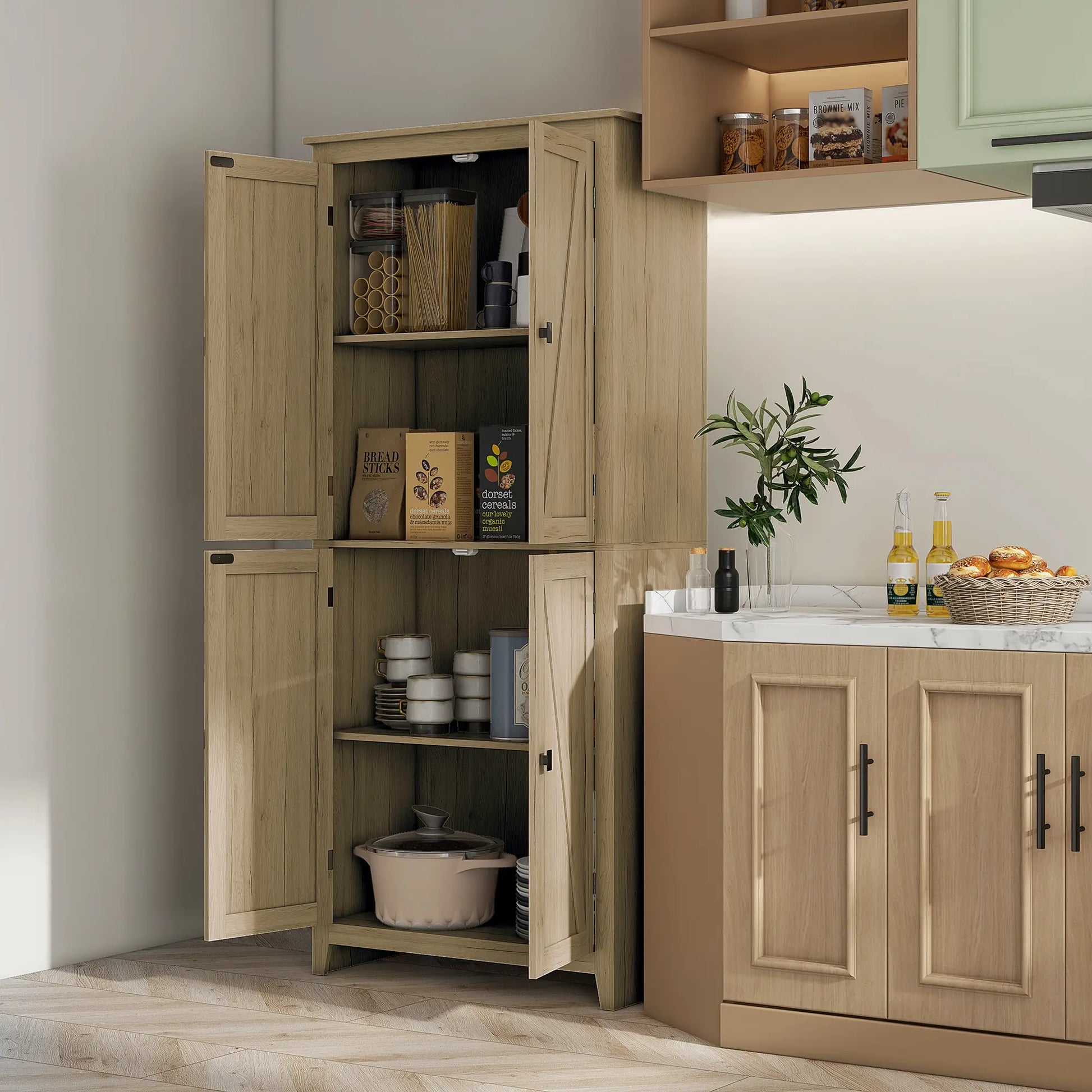72" Freestanding Storage Cabinet, Kitchen Pantry with Doors, Shelves, Natural Kitchen Pantry Cabinets at Gallery Canada
