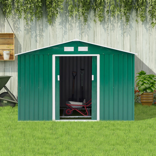 9.1' x 6.4' x 6.3' Garden Storage Shed w/Floor Foundation Outdoor Patio Yard Metal Tool Storage House w/ Double Doors Green