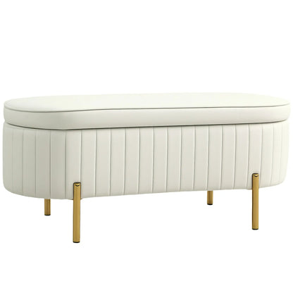 Upholstered Channel Tufted Ottoman Bench, Thick Padding, Metal Legs, Cream White Storage Ottomans & Benches at Gallery Canada
