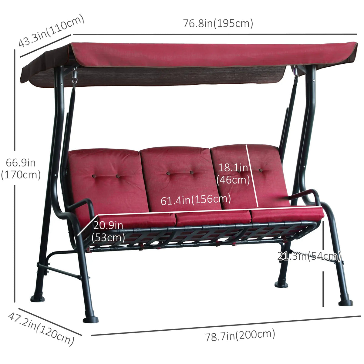3-Person Porch Swing Chair, Wine Red Porch Swings with Canopy at Gallery Canada