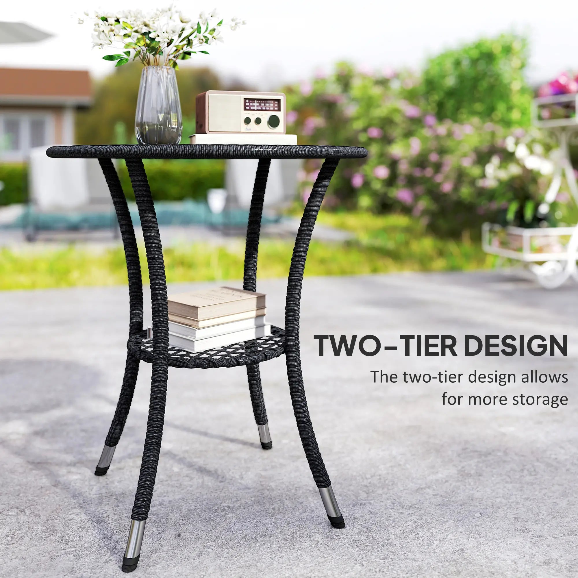 Outdoor Rattan Dining Table, Round Coffee Table with 2-Tier Shelf, Black Patio Dinning Tables at Gallery Canada