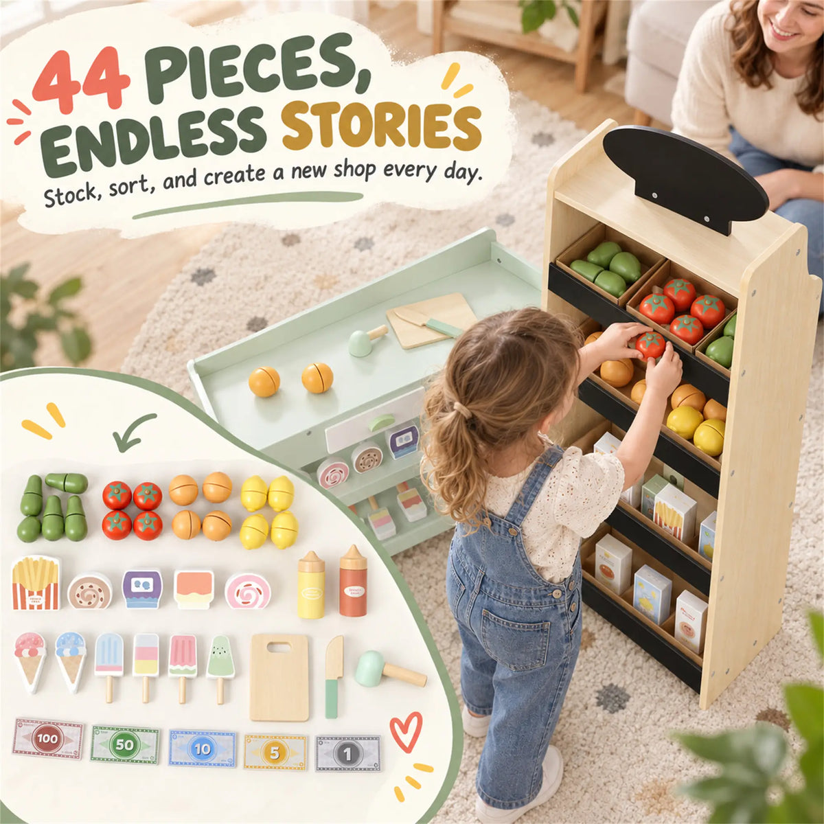 Ensemble de jeu d'épicerie en bois pour enfants, nourriture jouet, caisse enregistreuse, 44 accessoires