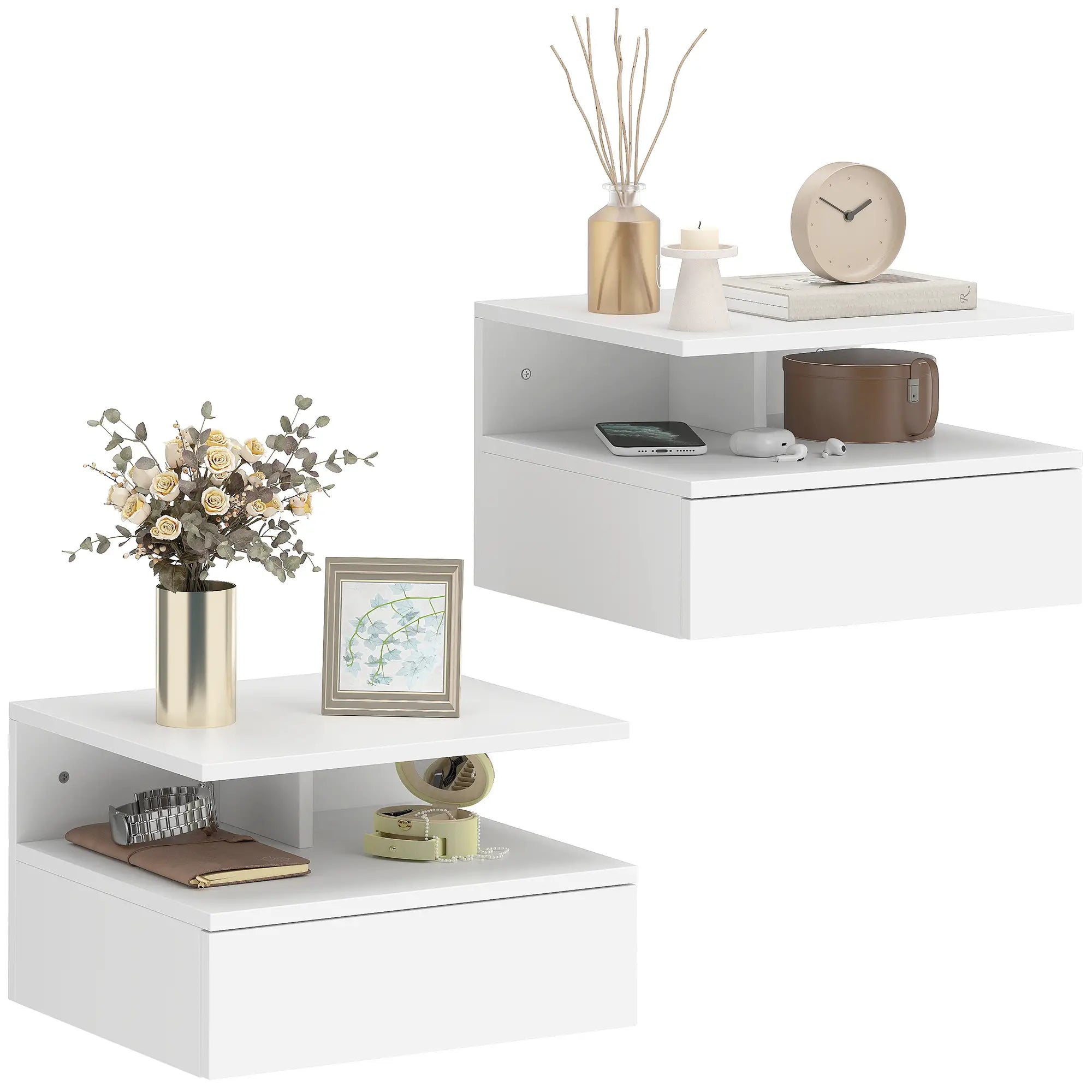 Floating Nightstand Set of 2, Wall Mounted with Drawer, White Bedside Tables at Gallery Canada